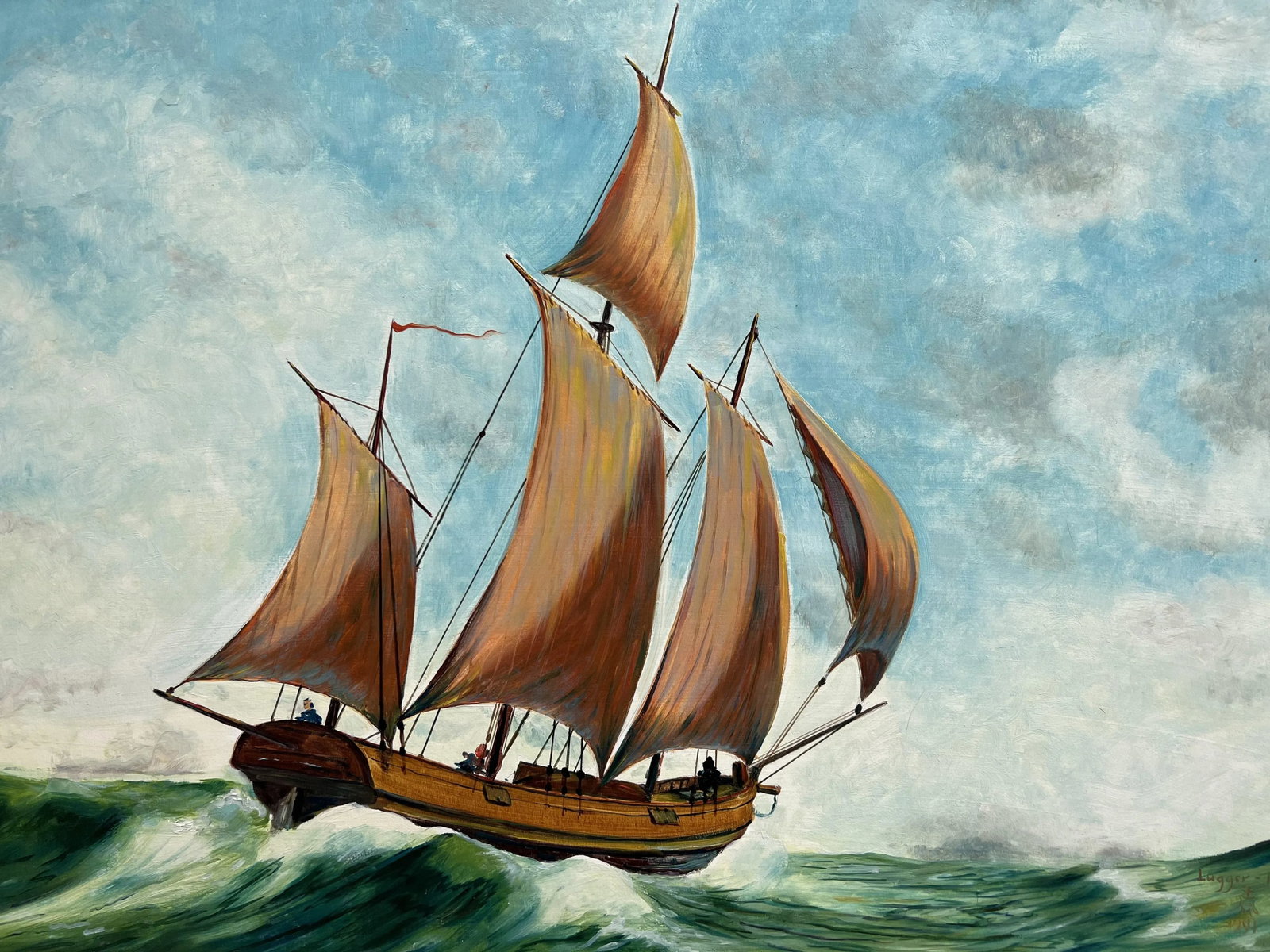 Vintage 1991 Oil Painting on Boards, Seascape, Lugger 1709, Signed, Dated Framed - 2
