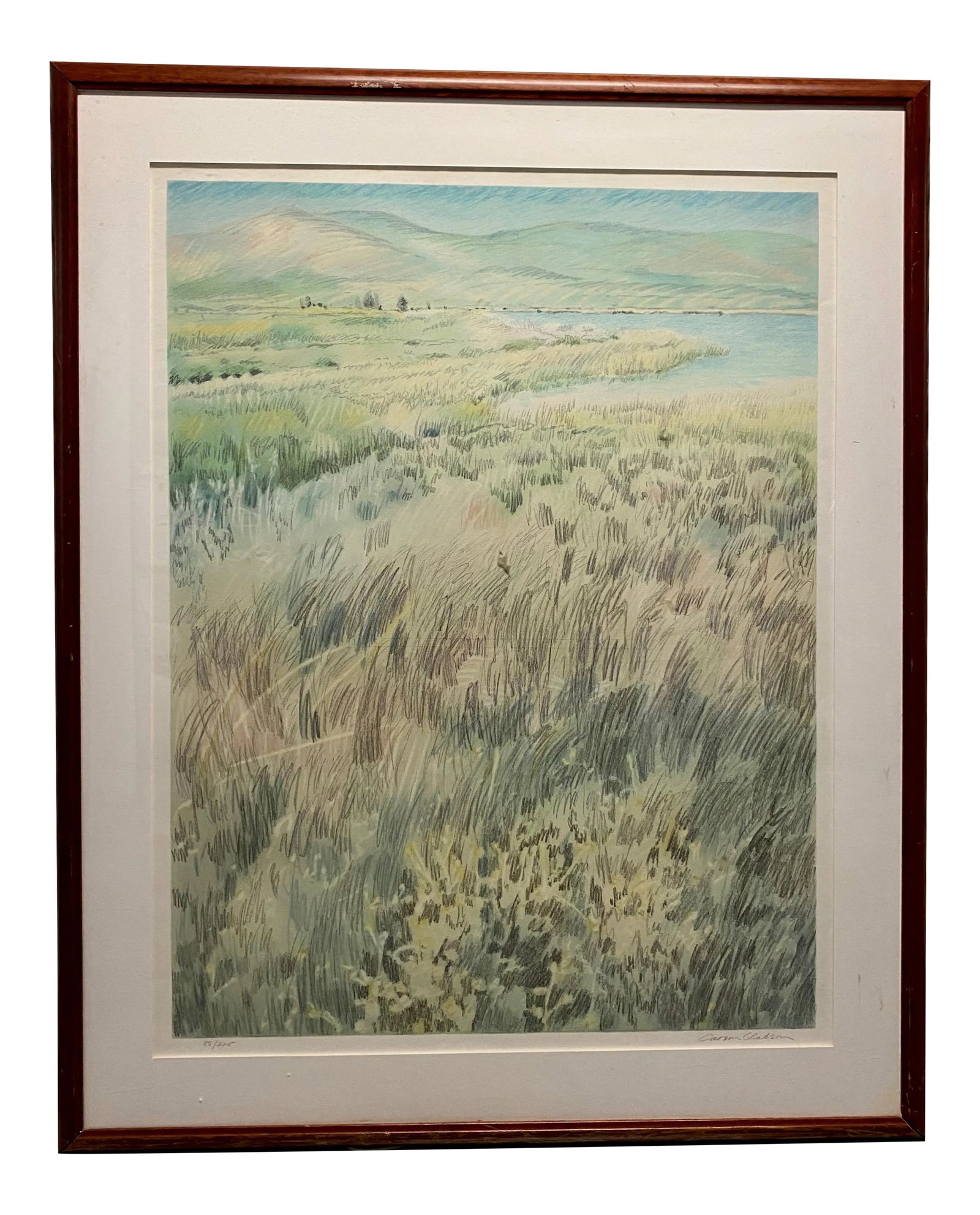 Carson Gladson Large Landscape on Paper, 1980s - Framed: Internationally renown for his sensitive portrayals of nature, Carson Gladson (American, 20th c.) infuses the techniques of the European impressionists with a hint of the delicacy of a Chinese or