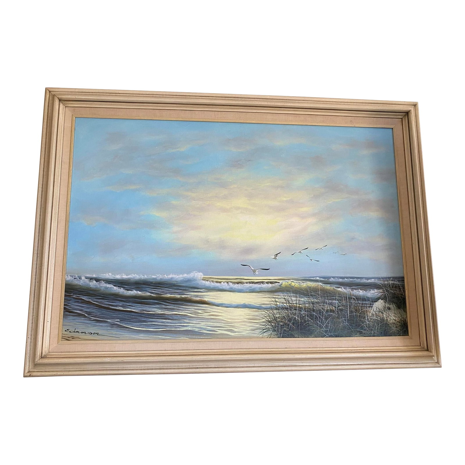 Vintage Large Coastal 1970's Seascape Oil Painting, Framed: Vintage Mid Century Large Coastal 1970's Seascape Oil Painting, Framed Elegant oil on mounted canvas featuring a seaside composition. Signed bottom right corner. Pastel colors composition Framed in li