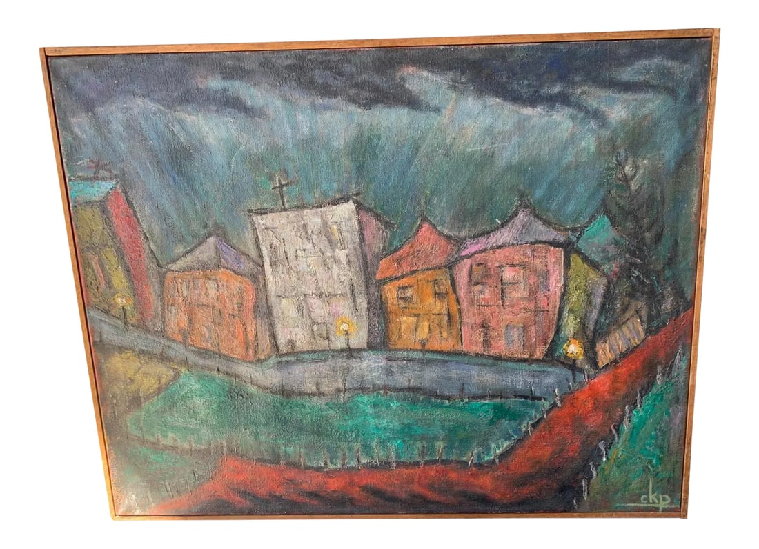 CKP "4 Am" Framed Painting: Vintage painting featuring a small town in the early morning. Titled "4 am" signed CKP. Dark clouds and lit street lights add to the mysterious, muted tone of this piece. Textured paint on canvas and