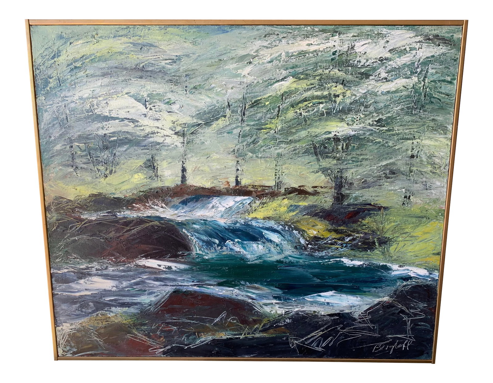 Roger Berghoff Seascape Painting: Original painting by Roger Berghoff. Features whimsical sea scape with rolling waves, a grassy beach with distant trees, with paint stokes and lines giving the impression of wind and movement.