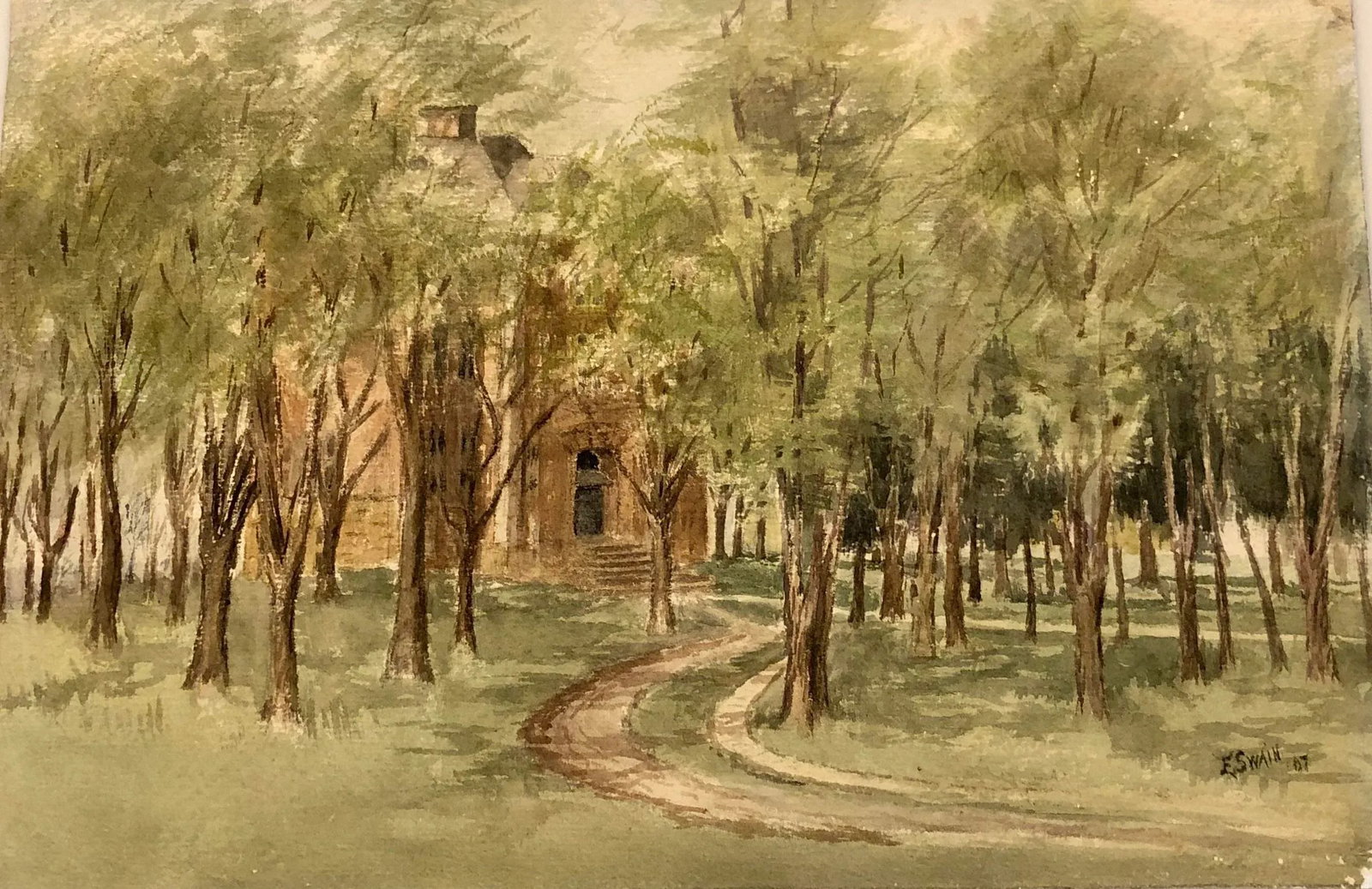 Watercolor 1906 'Country Lane' Art by Realist E.Swain: E Swains realist watercolor depicts a tranquil country lane Passing by a lovely old building nestled deep in the woods. Carthage, Illinois 1906 Condition: Alterations: Original Condition Unaltered