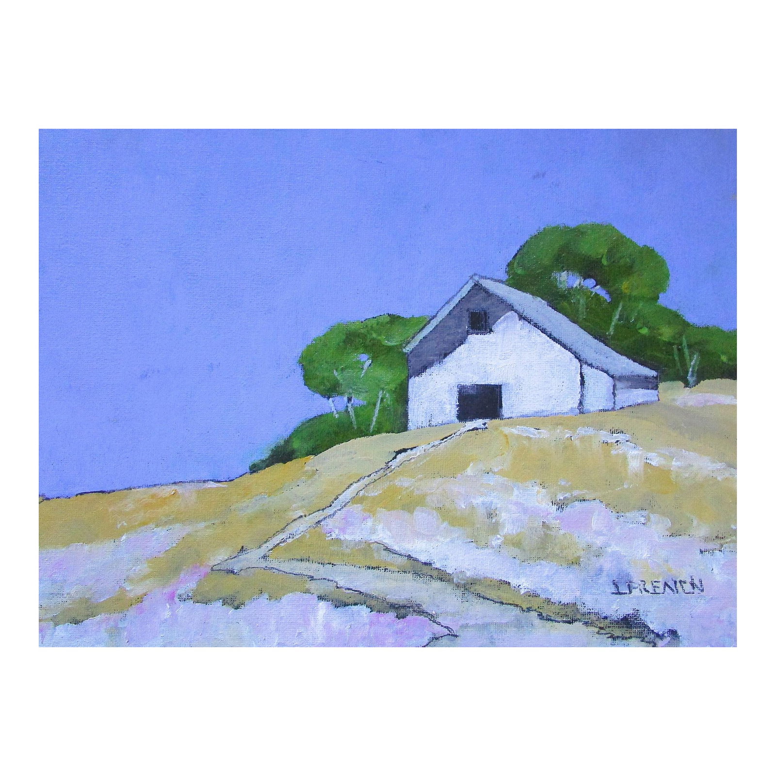 Santa Maria Barn Art Lynne French California Landscape Oil Painting 9x12: Santa Maria Hillside White Barn, California landscape oil painting by Lynne French. The signed original painting measures 9x12 inches on a prepared, archival canvas board and is not framed. The painti