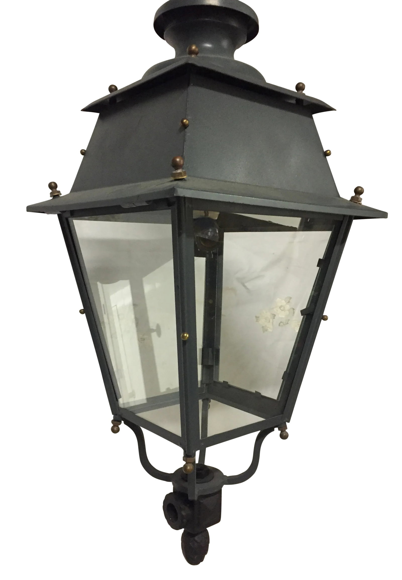 Early 20th Century Victorian Hanging Parisian Street Lantern Lamp: This beautiful early 20th Century large Victorian style Parisian Street Lantern has been converted to be a gorgeous hanging light fixture. The painted iron lantern has bronze detail finials on all cor