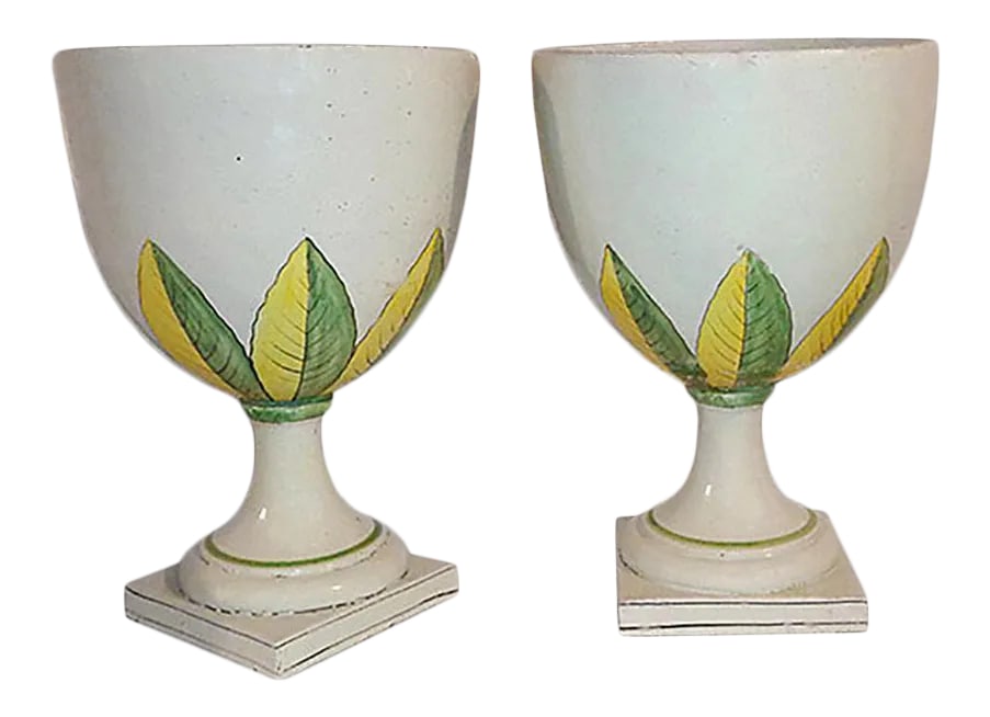 Italian Majolica Planters Mid Century - A Pair: Pair of larger Mid Century Modern Italian Majolica Jardiniere planters. Majolica pottery in which an earthenware clay body (usually a red earthenware) is covered with an opaque white glaze. * Please n