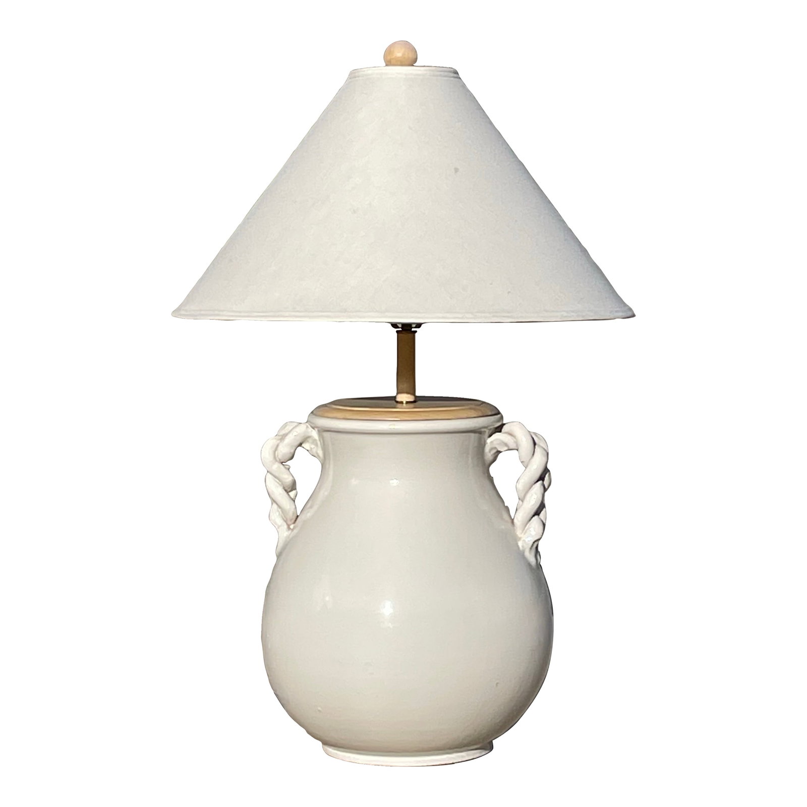 Huge Italian Ceramic Braided Handle Table Lamp: Huge Italian Glazed Ceramic Table Lamp with Braided Handles. 24.5" top of light socket 36.25" top of lamp final. Final included. Lamp shade can be included - additional shipping required. Condition: A