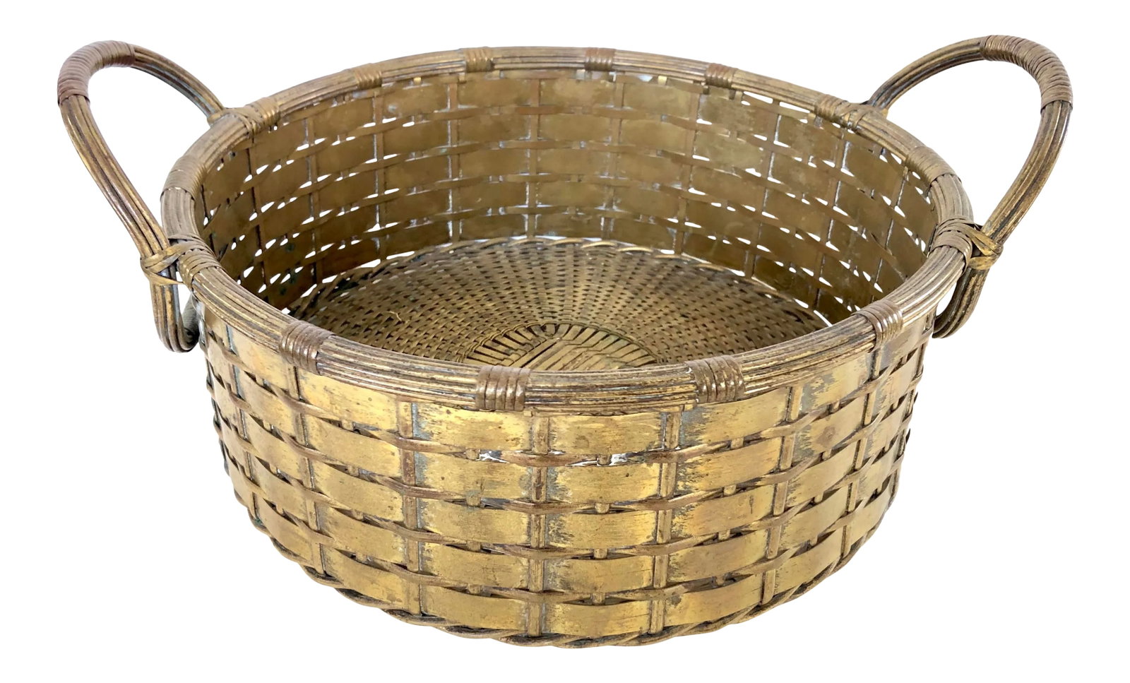 French 1940's Hand Woven Brass Round Metal Easter Basket: French heavy and tightly hand woven basket of bands of brass is a very substantial piece. Side handles maintain shape due to quality of tightly woven piece has held its shape after all these years. Gr