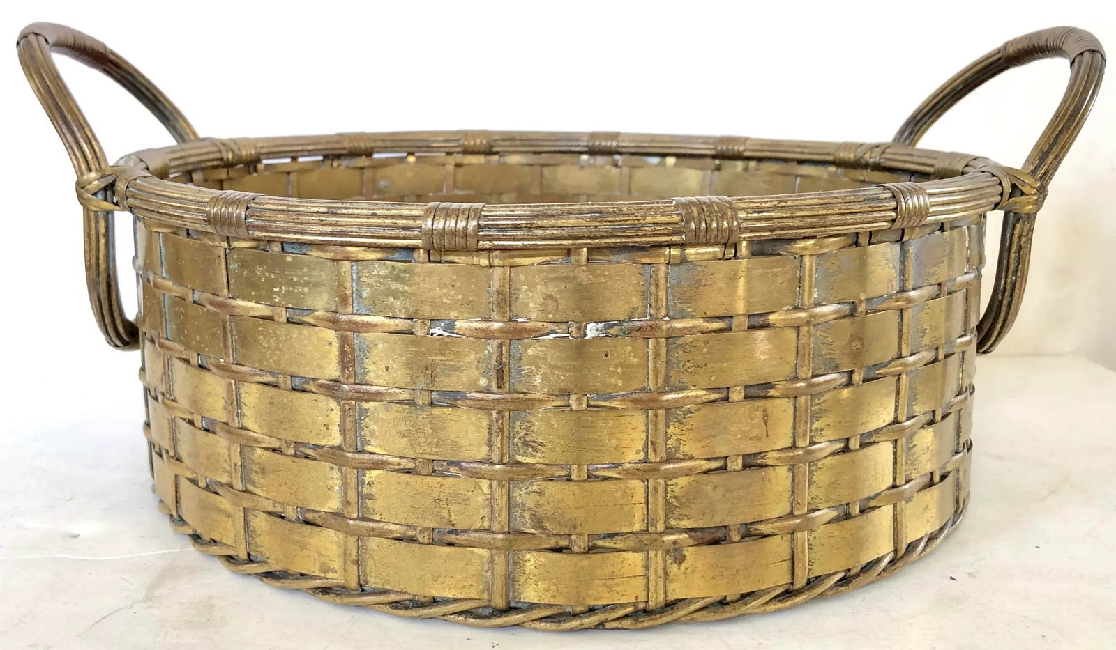 French 1940's Hand Woven Brass Round Metal Easter Basket - 2