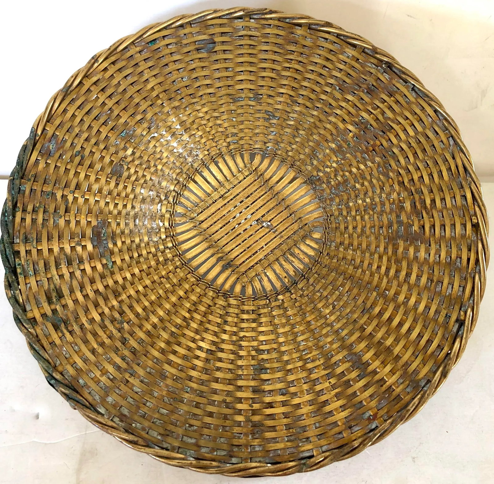 French 1940's Hand Woven Brass Round Metal Easter Basket - 5