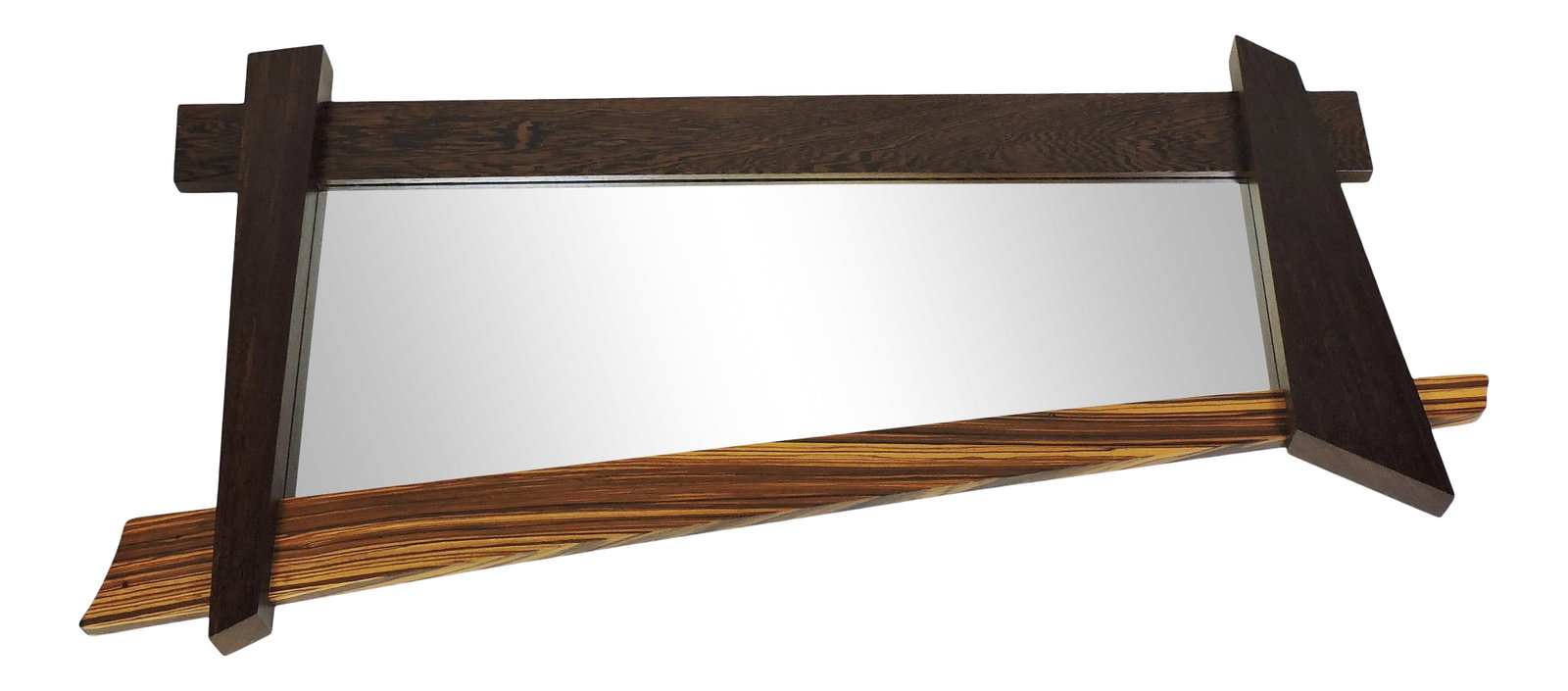 Modern Memphis Style Zebra Wood Asymmetrical Wall Mirror: Very cool and unusual asymmetrical Memphis style mixed wood wall mirror. This large mirror is made of thick slabs of irregularly shaped wood and includes striped zebra wood on the bottom. Condition: