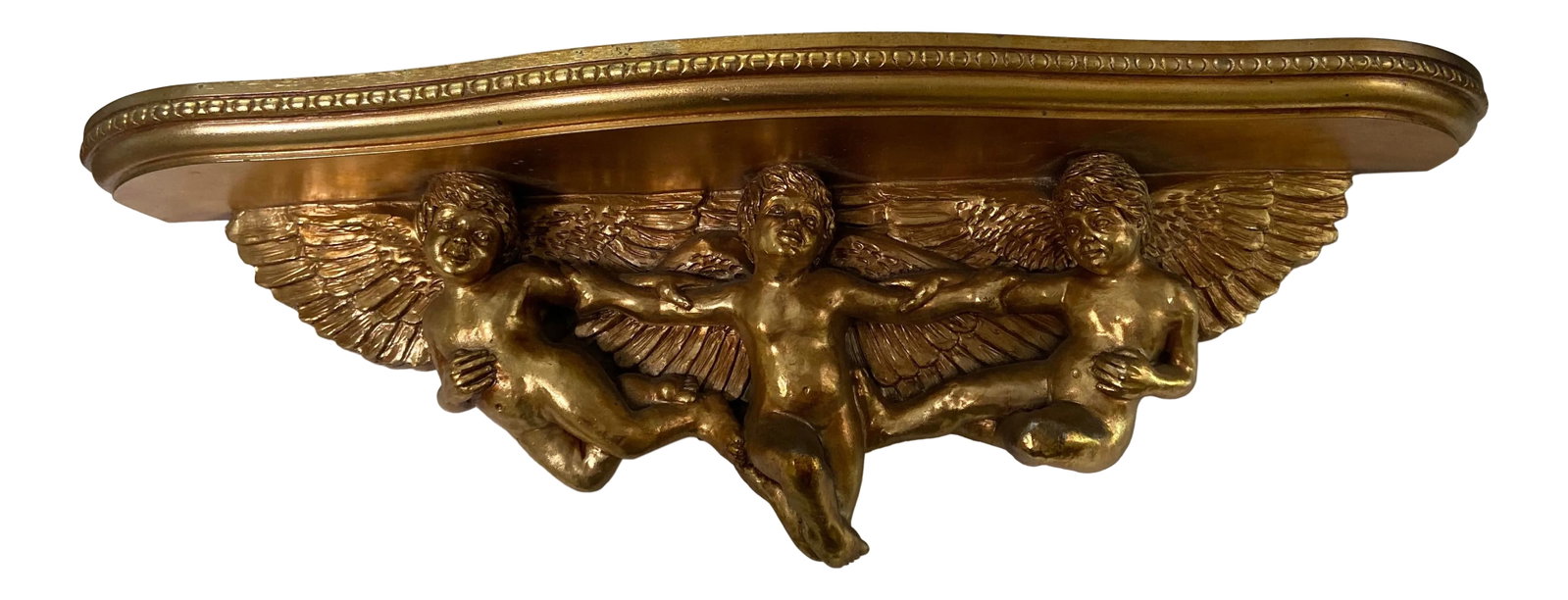 French Italian Cherub Console Wall Shelf: Vintage French Italian Gold Wall Shelf Beautiful, 3 Cherubs holding up a shelf Would be Beautiful also under your mirror Minor age wear on top Condition: Alterations: Unknown Imperfections: Some