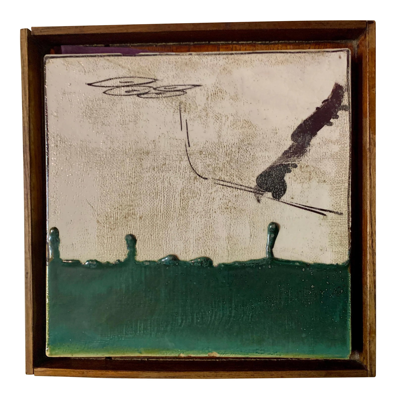 Japanese Ceramic Oribe: Intriguing Japanese ceramic. The green dripping glaze and iron drawing are typical of Oribe. It sits on a stand that is easily carried. Perhaps it could be used as a serving piece with cheeses or set