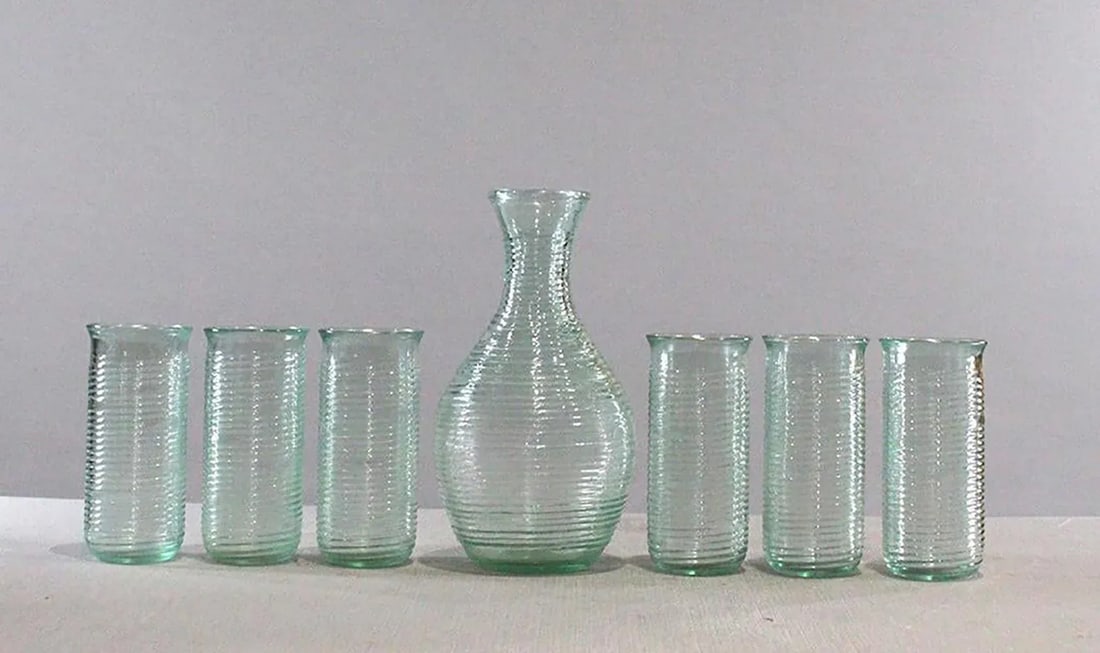 Modern Italian Venician Green Glass Decanter and Glasses - Set of 7 - 2