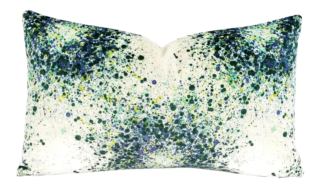 Highland Court Bellatrix in Aegean Lumbar Pillow Cover - 12" X 20" Green, Blue, Yellow and White Spl: From Highland Court is Bellatrix in the color Aegean pillow cover. This is a soft velvet that has a white background with green, blue, and yellow paint splatter print. A stunning piece that will