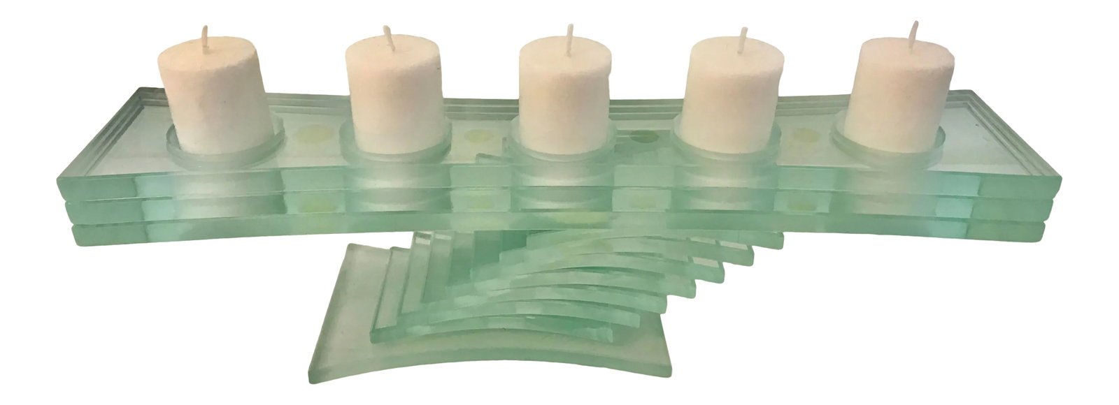 Mid Century Modern or Contemporary Stacked Glass Five Candle Candelabra: Fabulous vintage stacked glass five candle Partylite candelabra. Very unusual and perfect for a Mid-Century or contemporary home. This was acquired from an estate in South Florida. Condition: