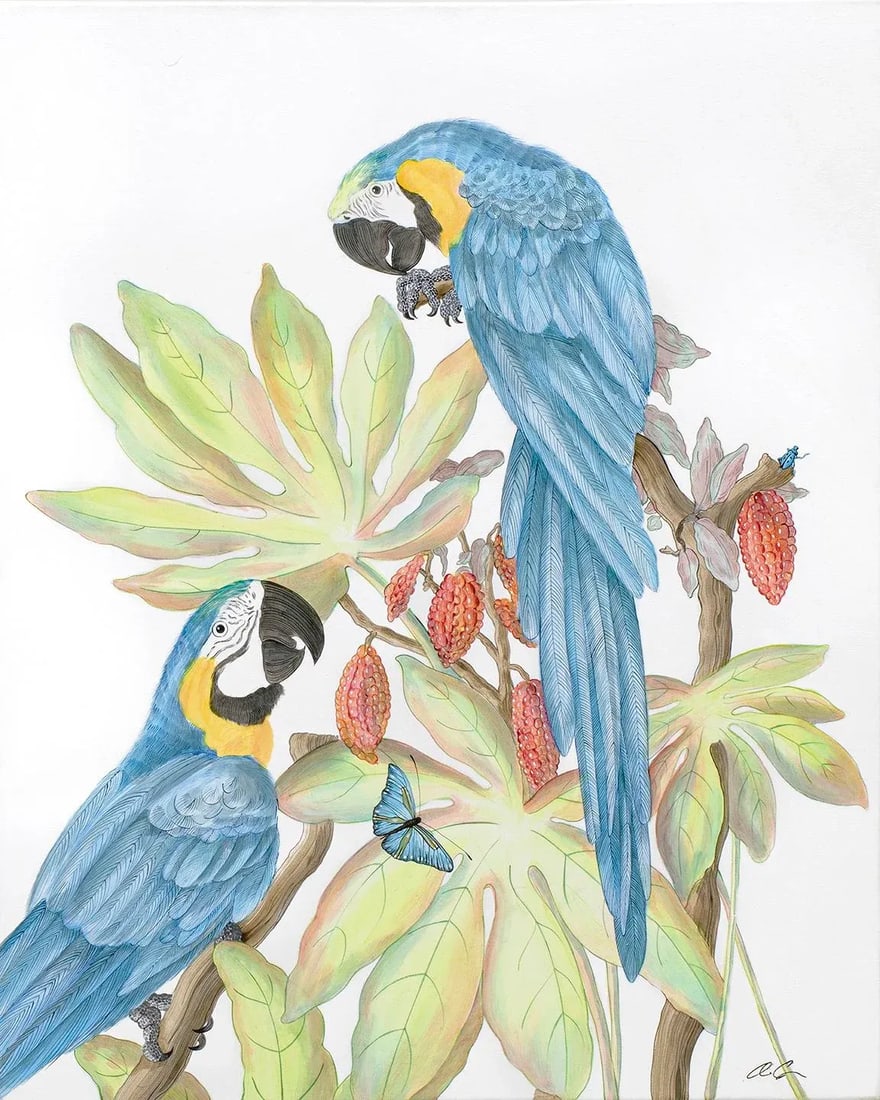 "Forever and a Day" Parrot Bird Macaw Painting in the Chinoiserie Style by Allison Cosmos: From the forest of South America come this vivid pair of blue and yellow macaws. For those that admire this impressive species but don't have the space to keep a real one in their home or care for the