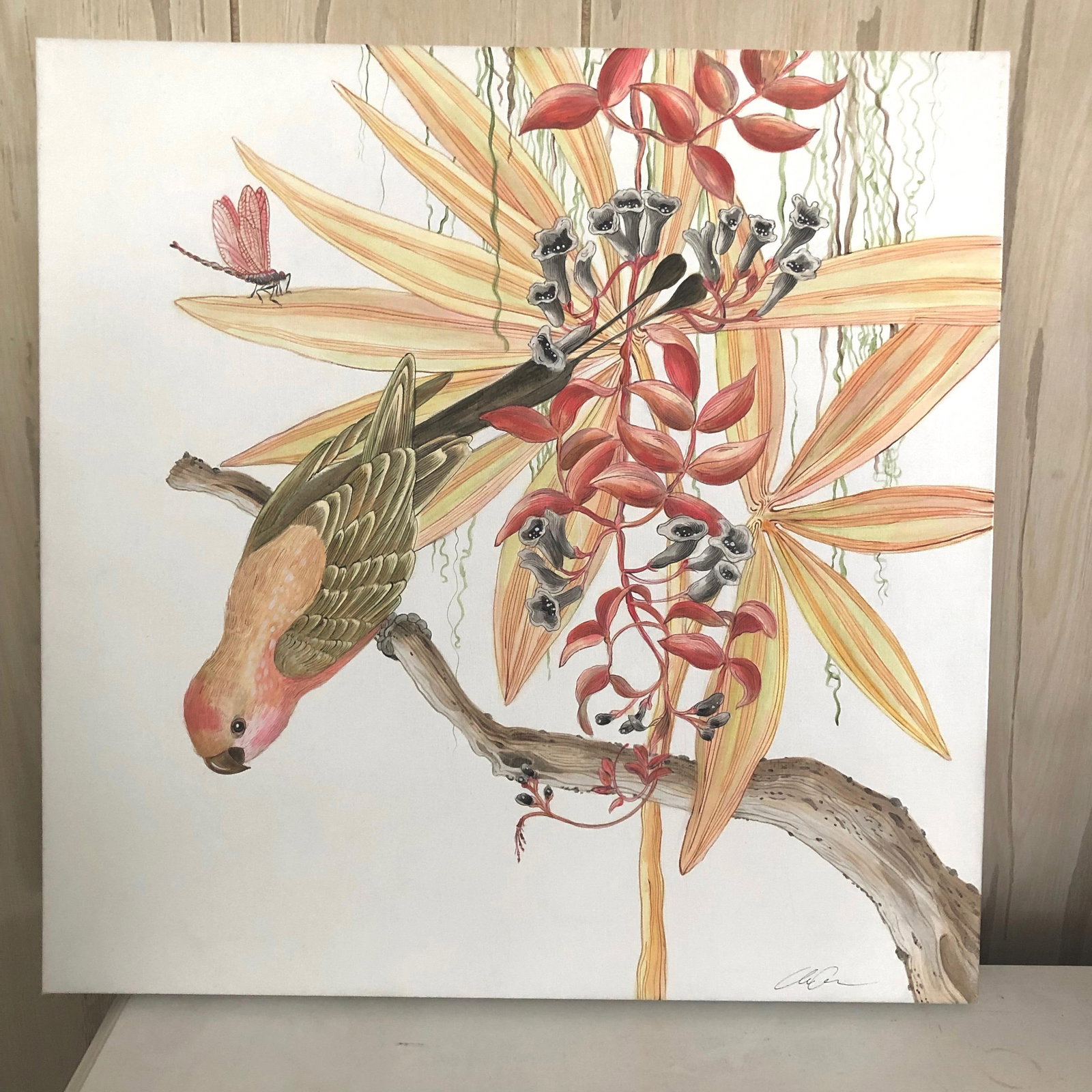 "Strictly for the Birds" Tropical Chinoiserie Painting by Allison Cosmos - 4