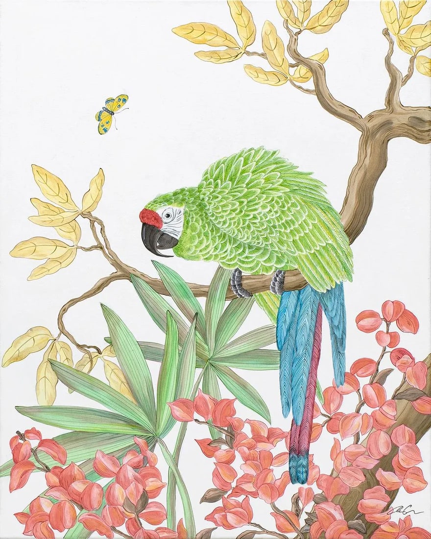 "Welcome to the Jungle" Tropical Parrot Bird Painting in the Chinoiserie Style by Allison Cosmos: "Welcome to the Jungle" stars a VERY handsome Military Macaw in a jungle of palms and bougainvillea blooms. Done in a Modern Chinoiserie style but with a lovely wash of layered vibrant colors and