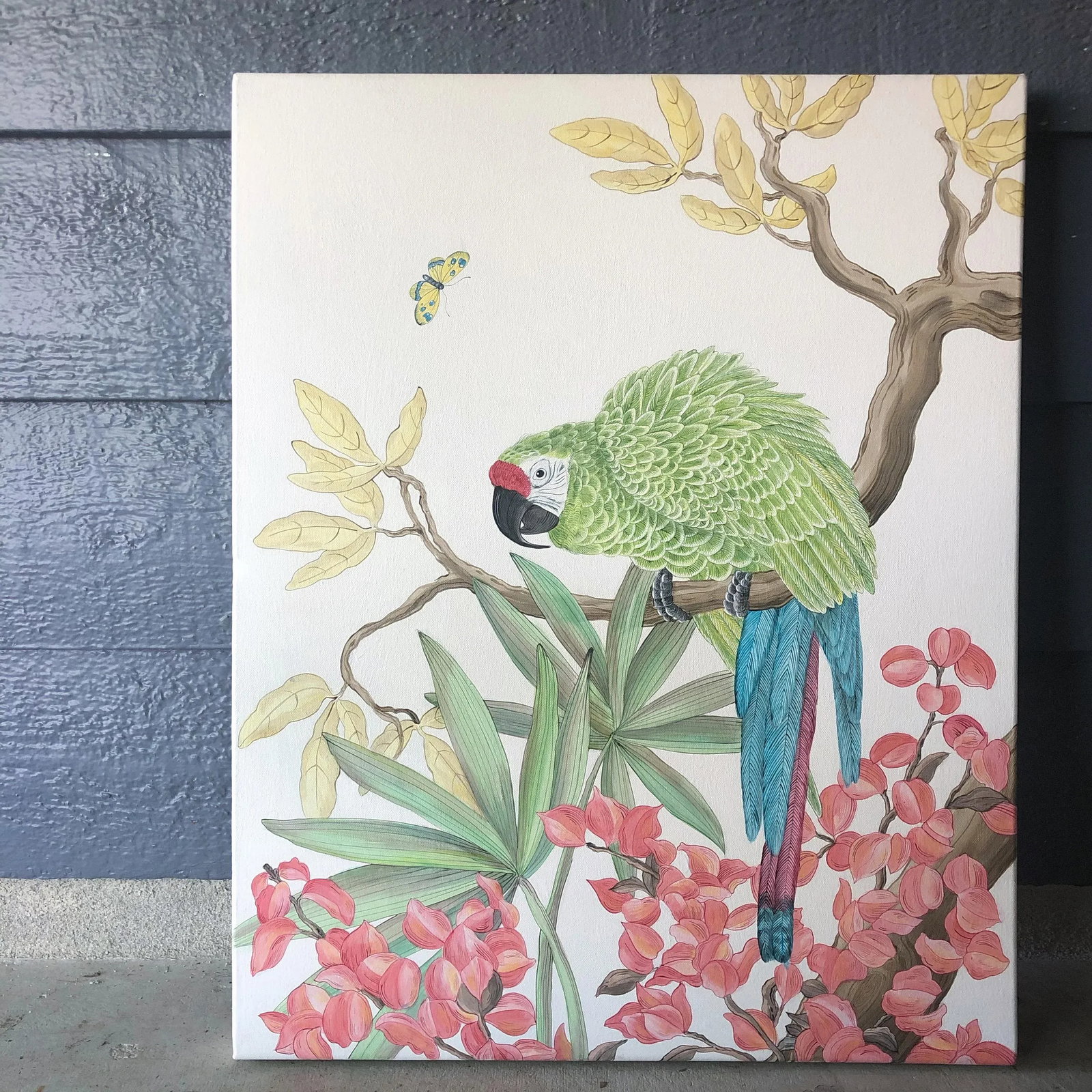 "Welcome to the Jungle" Tropical Parrot Bird Painting in the Chinoiserie Style by Allison Cosmos - 4