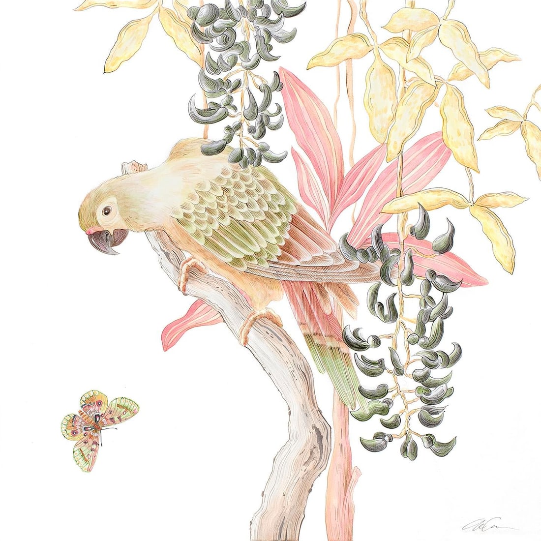 "Bird of Passage" Tropical Chinoiserie by Allison Cosmos: "Bird of Passage" is an unframed original work. An exotic parrot is in good company with gorgeous hanging black flowered vines. He is perched on a thick branch as fanciful butterfly flies by for a hel