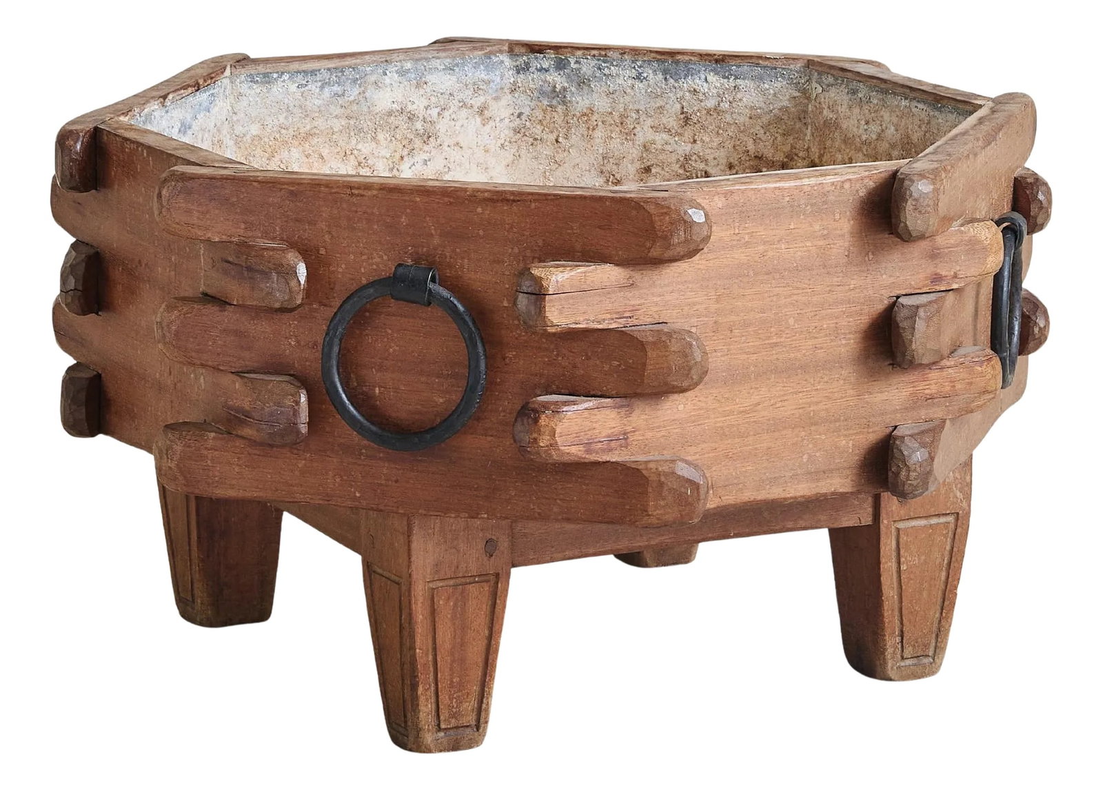 French Wooden Planter with Iron Handles in the Style of Guillerme et Chambron: A 1960s French wooden planter, echoing the style of Guillerme et Chambron. Crafted from solid wood, the planter's octagonal form is accentuated by the interplay of carved notches along the sides. The