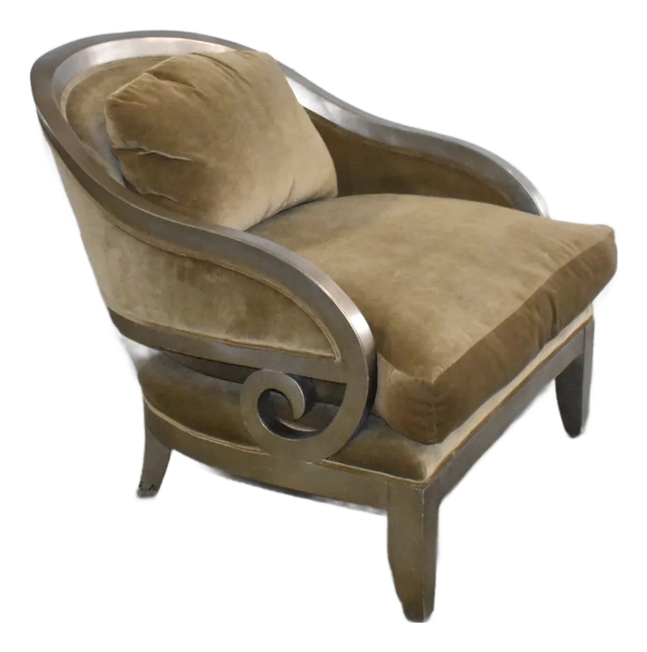 Marge Carson Extra Wide Curved Arm Accent Chair: Astounding extra wide wood framed accent chair made by Marge Carson. Absolutely beautiful! Also includes back pillow. I would call wood a silverish-goldish color. The fabric is a goldish/tan/light