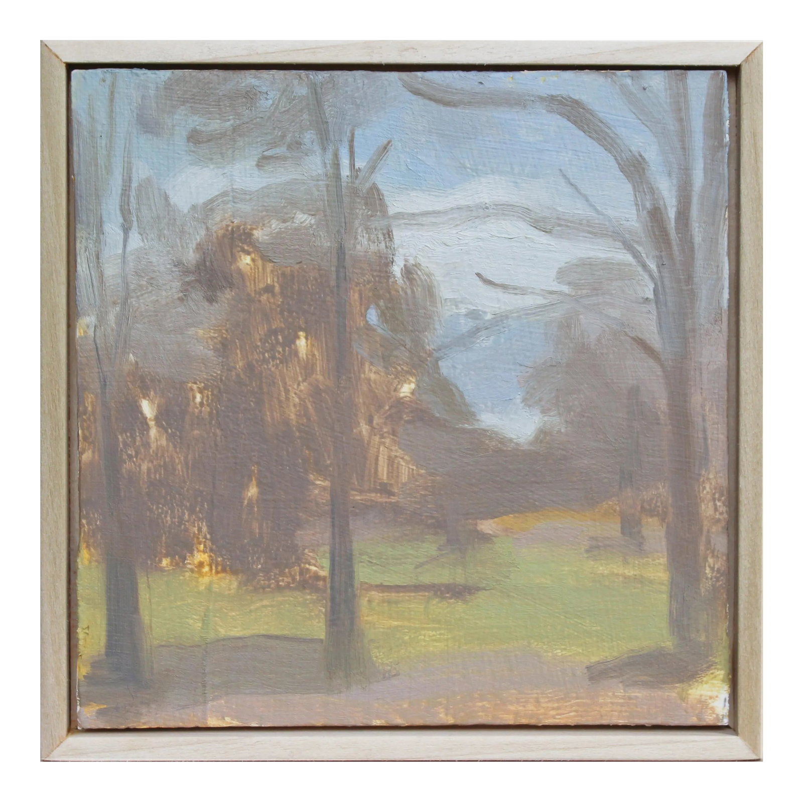 Framed Dreamy Landscape Painting by Michelle Farro: This is an original painting, studied en plein air. The landscape painting is ready to hang in a handcrafted wood frame. In the late afternoon, I watch the sun go down behind this set of trees. A vast