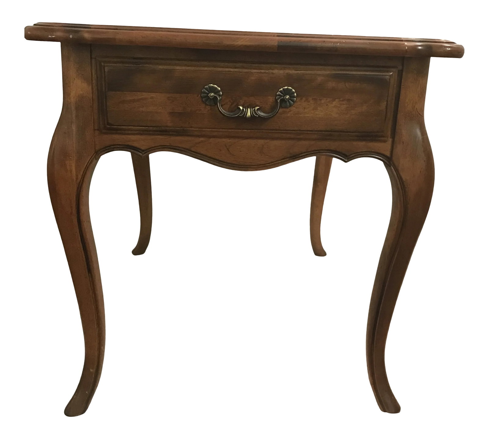 Vintage French Country Ethan Allen Solid Maple Side Table Brass Accents Cabriole Legs: This solid maple side table from Ethan Allen is charming, not too small or too large; perfect for placement next to any size chair or sofa. Pleasing to look at with its classic style and legendary