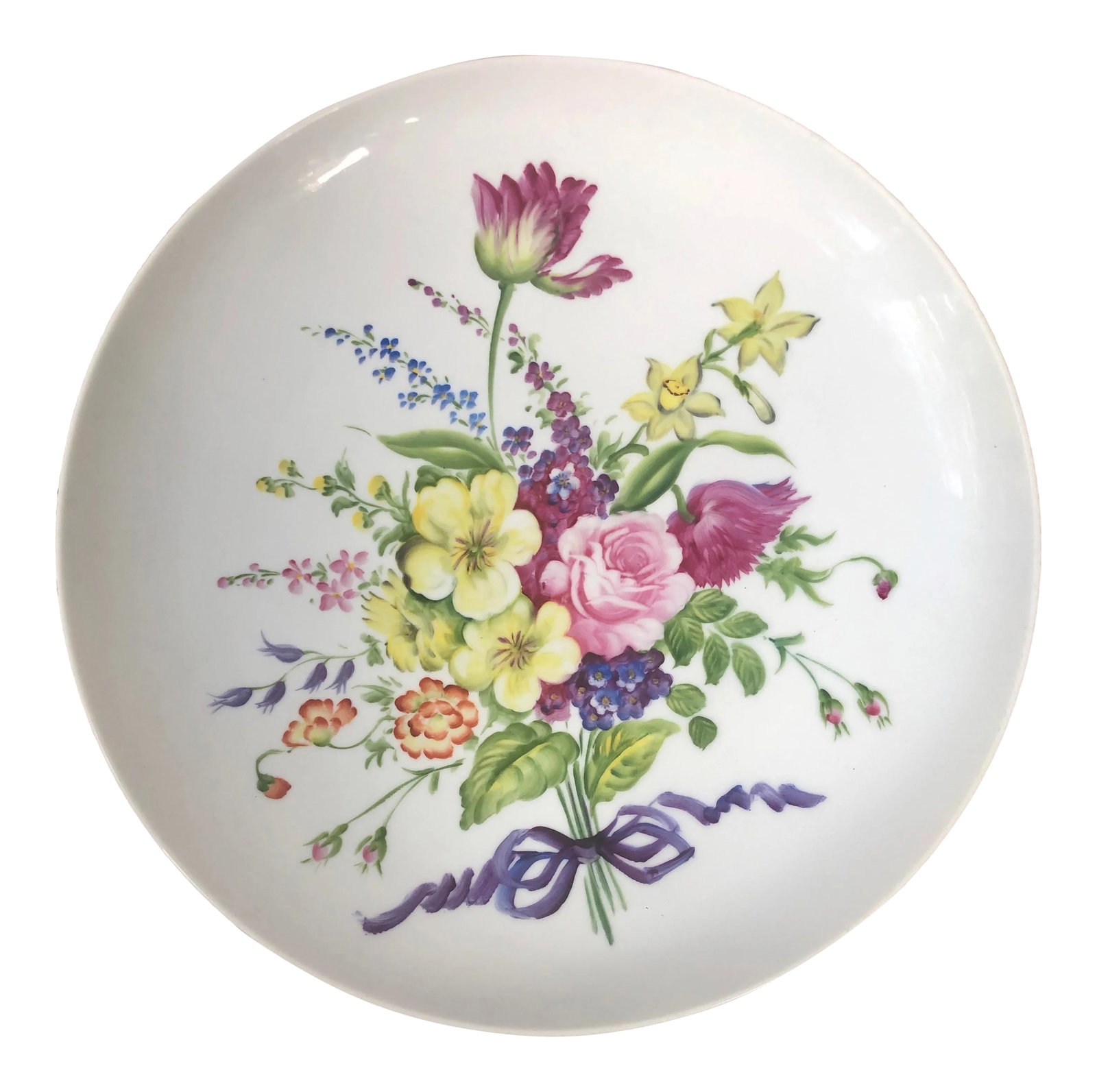 Vintage Bloomingdales Round Platter With Handprinted Floral Bouquet: What a lovely platter! An abundant floral bouquet- It's as if they were picked fresh from an English garden and tied with a sweet purple ribbon. This large serving tray has a tall 1.5" lip. Would