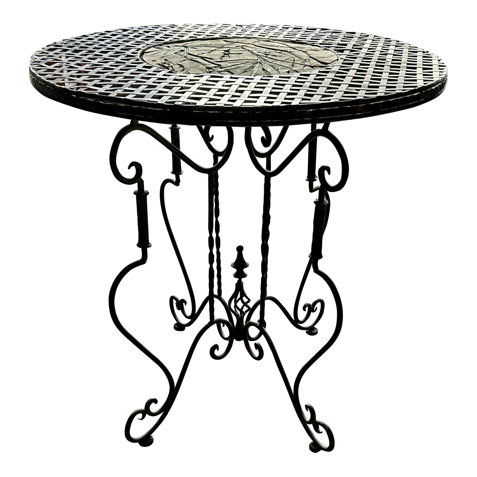 1950s Wrought Iron Bistro Table: Vintage outdoor bistro table with decorative bamboo center tiling design. Legs can be removed and folded together to save space.. table stands approximately 31 inches high and 32 inches round .