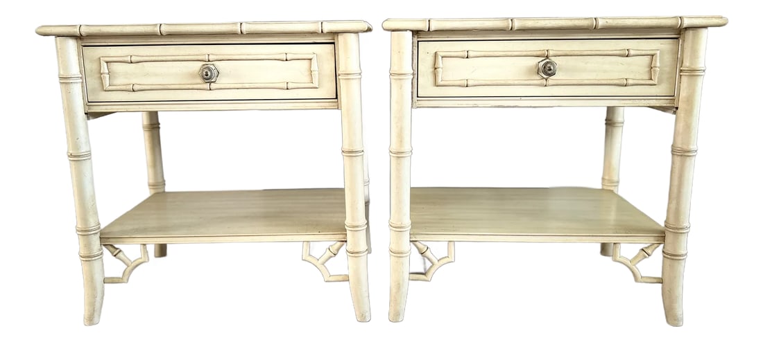 Palm Beach Collection - Allegro Edition Bedside Tables: Vintage Pair of Thomasville Allegro faux bamboo nightstands in original vintage condition. Giving Old Florida Palm Beach Charm. The Allegro Edition is a classic and always comes correct you cant miss