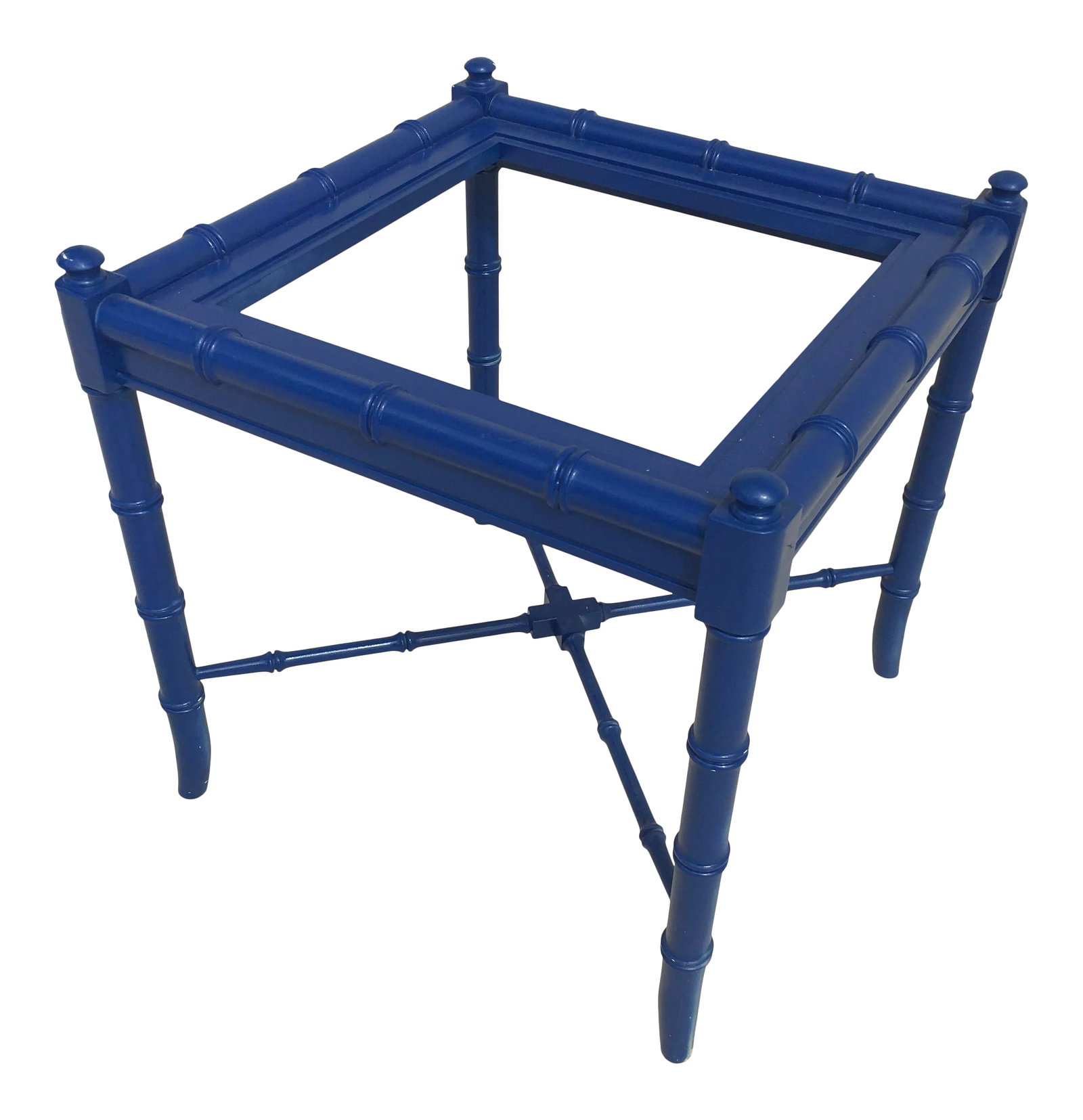 Vintage Thomasville Chinoiserie Faux Bamboo Side Table: Offered is a fabulous vintage Chinoiserie Thomasville faux bamboo side table. Glass top is included. Note the curvature of the legs and cross stretchers. Acquired from an estate in sunny South