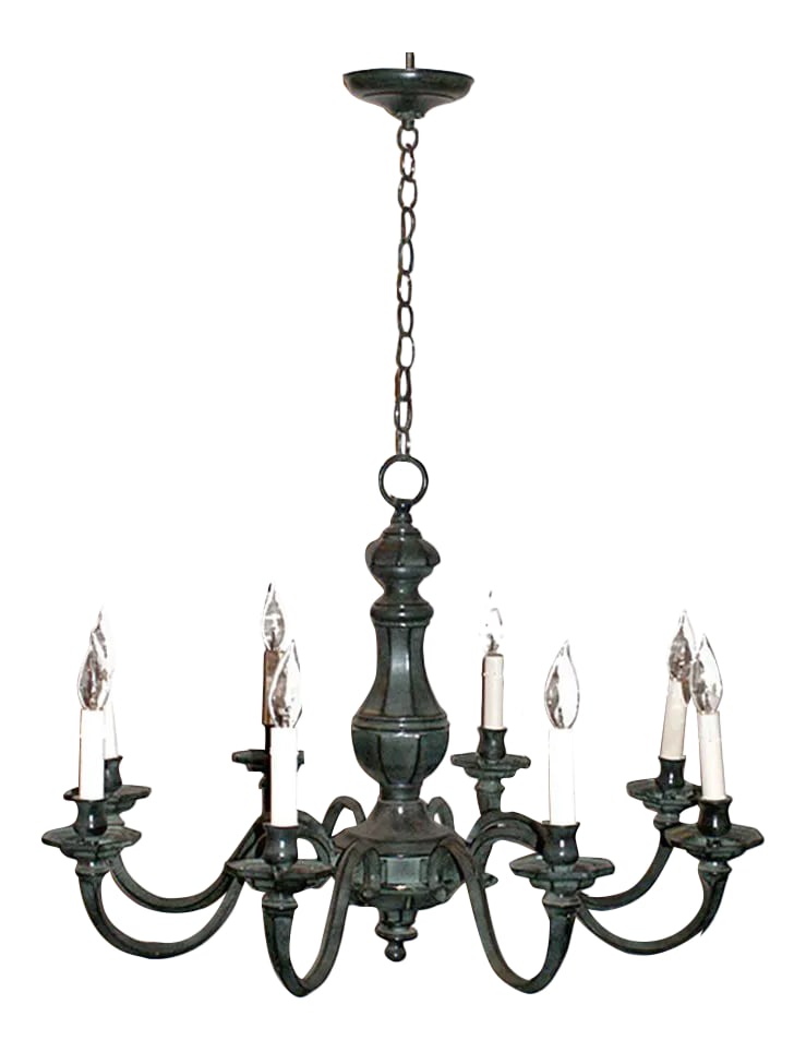 Chandelier Vintage Eight Arm Verdigris Finish: Vintage eight arm chandelier with octagonal candle cups and verdigris finish. Condition: Alterations: Original Condition Unaltered Imperfections: Some Imperfections Condition Notes: Age appropriate
