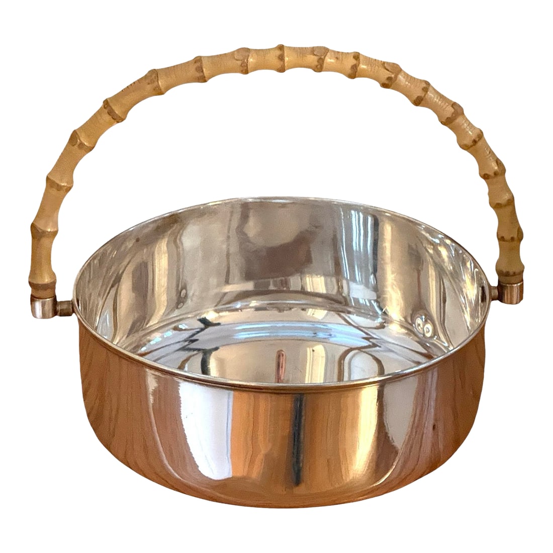 Gucci Silver and Bamboo Large Cachepot: Large GUCCI silverplate cachepot with real authentic bamboo handle. A design from Tom Ford when he helmed the fashion house. Hallmarked on bottom. Condition: Alterations: Original Condition Unaltered 