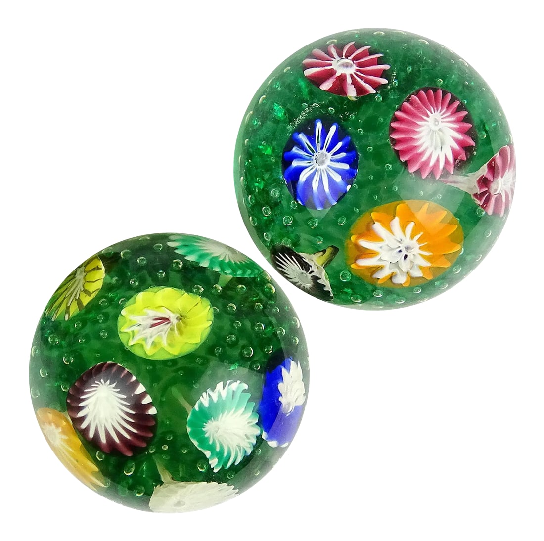 Murano Vintage Fratelli Toso Rainbow Wild Flower Garden Italian Art Glass Paperweights - A Pair: Beautiful pair of vintage Murano hand blown rainbow colors flower garden Italian art glass paperweights. Documented to the Fratelli Toso company. They have pink, cobalt blue, green, yellow, orange, pu
