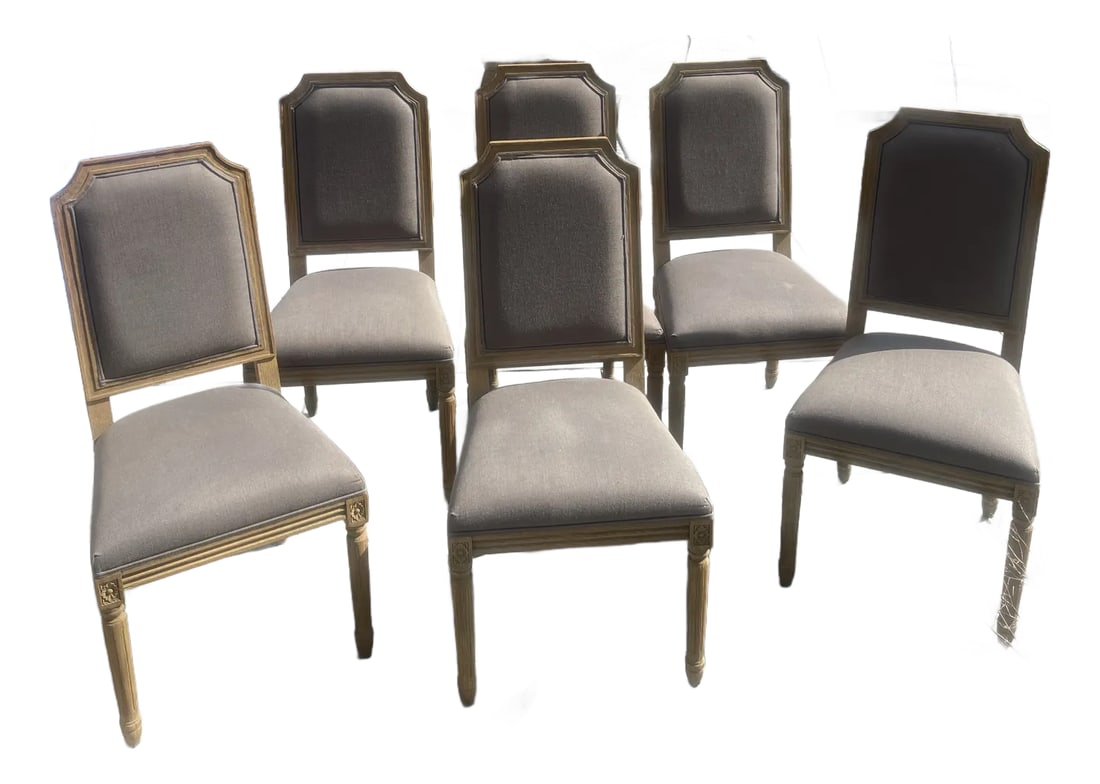 Restoration Hardware Custom Louis XVI Dining Chairs - Set of 6, Belgian Linen, Weathered Oak: A beautifully crafted set of six Restoration Hardware Louis XVI-style dining chairs upholstered in soft Belgian linen, where timeless design meets everyday comfort. The classic shield-back