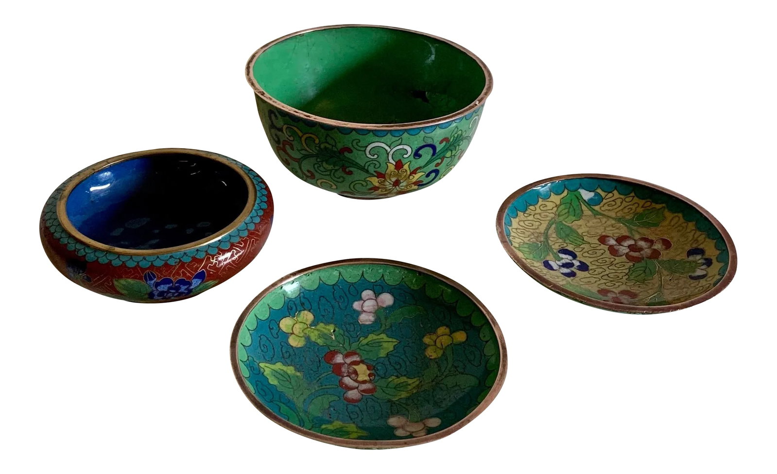Vintage Cloisonne Trinket Dishes and Bowl - Collection of 4: Wonderful collection of small vibrant vintage cloisonne trinket dishes and bowl. Perfect as bedside dishes to keep jewelry and keepsakes. Condition: Alterations: Original Condition Unaltered