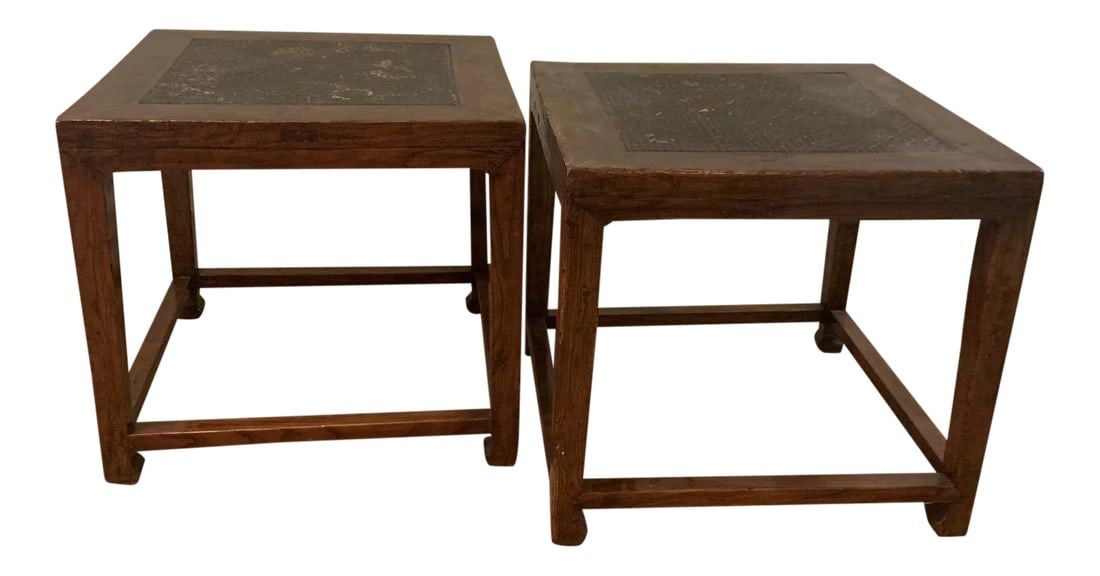 Pair of Chinese Stools With Woven Rattan Top: Pair of antique Chinese stools. Shanxi Province, China circa 1850 Chinese Northern Elm. These are super sturdy and have withstood years of use in household with kids. Rattan needs touch up from water
