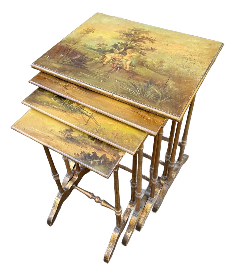 Victorian Hand Painted and Gilded Nesting Tables - Set of 4: This late 19th-century English nest of tables set consists of three elegantly crafted tables in graduating sizes, designed to nest gracefully within one another without the legs touching. Made from