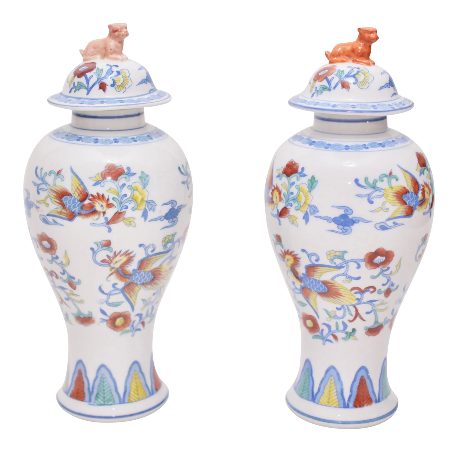 Vintage Chinese Ming Style Glazed Porcelain Lidded Vases - a Pair: Wonderful pair of Chinese Ming Style glazed Porcelain lidded vases with Foo Dog finials in excellent vintage condition. Condition: Alterations: Original Condition Unaltered Imperfections: Some