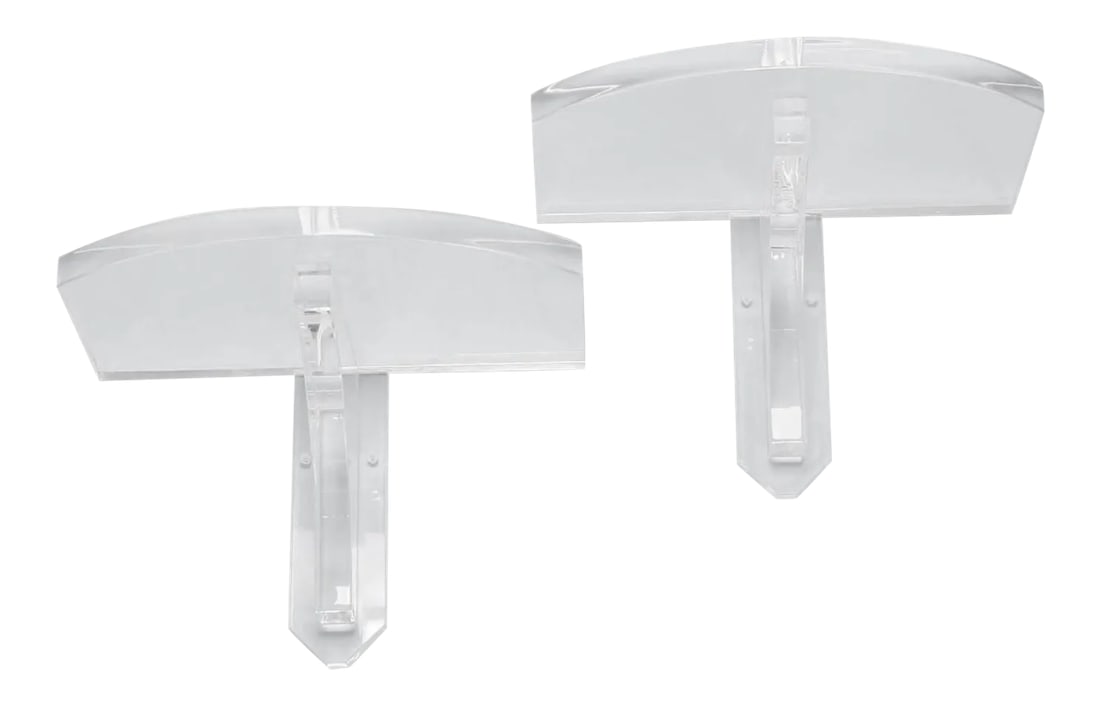 Modern Lucite Brackets - A Pair: Chic, modern Lucite brackets custom manufactured by F.S. Henemader with style and expertise, bringing together traditional Classic form and Mid-Century material. Available Now Condition: Alterations: