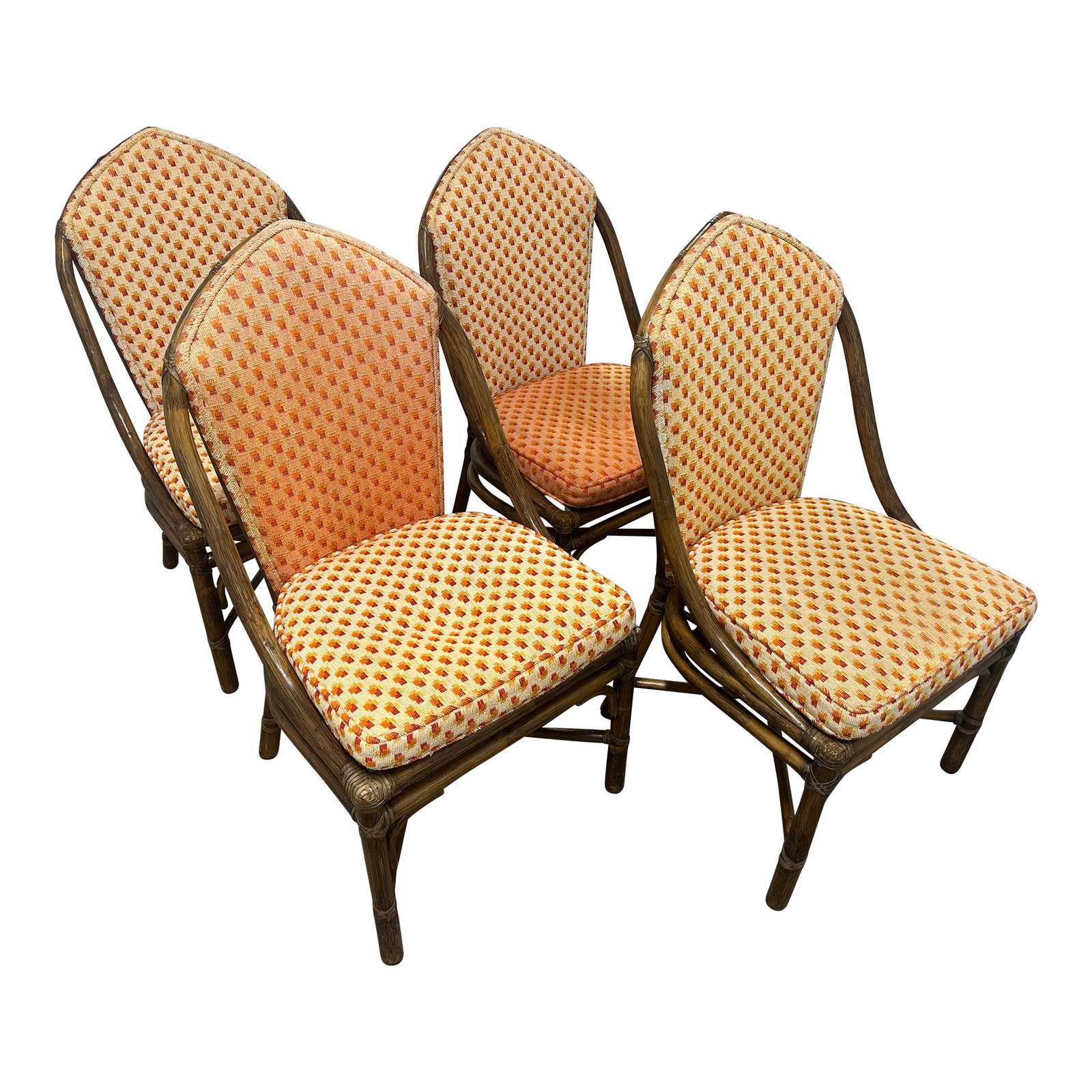 Late 20th Century McGuire Organic Modern Cathedral Dining Chairs- Set of 4: A beautiful set of four McGuire organic modern Cathedral dining chairs. Beautifully crafted and solid frames, minor wear consistent with age and use. The upholstery must be replaced. Condition:
