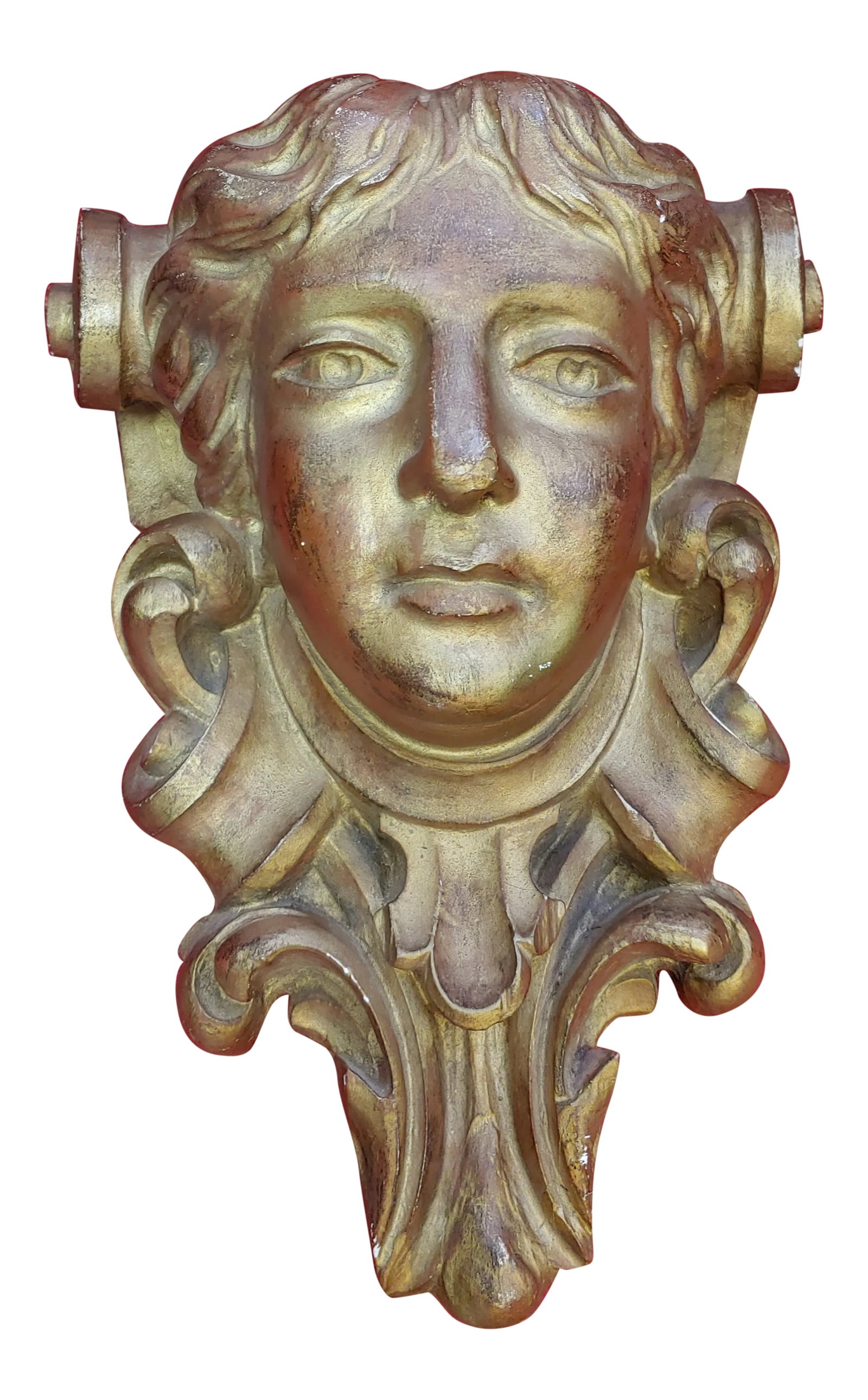 Arte Nouveau Femme Plaster Corbel Wall Hanging: Here's a lovely antique plaster sculptural wall mount that features a stylized Arte Nouveau woman's head. The gold paint has a rich patina that adds to the quality of this piece. Mix with a gallery wa