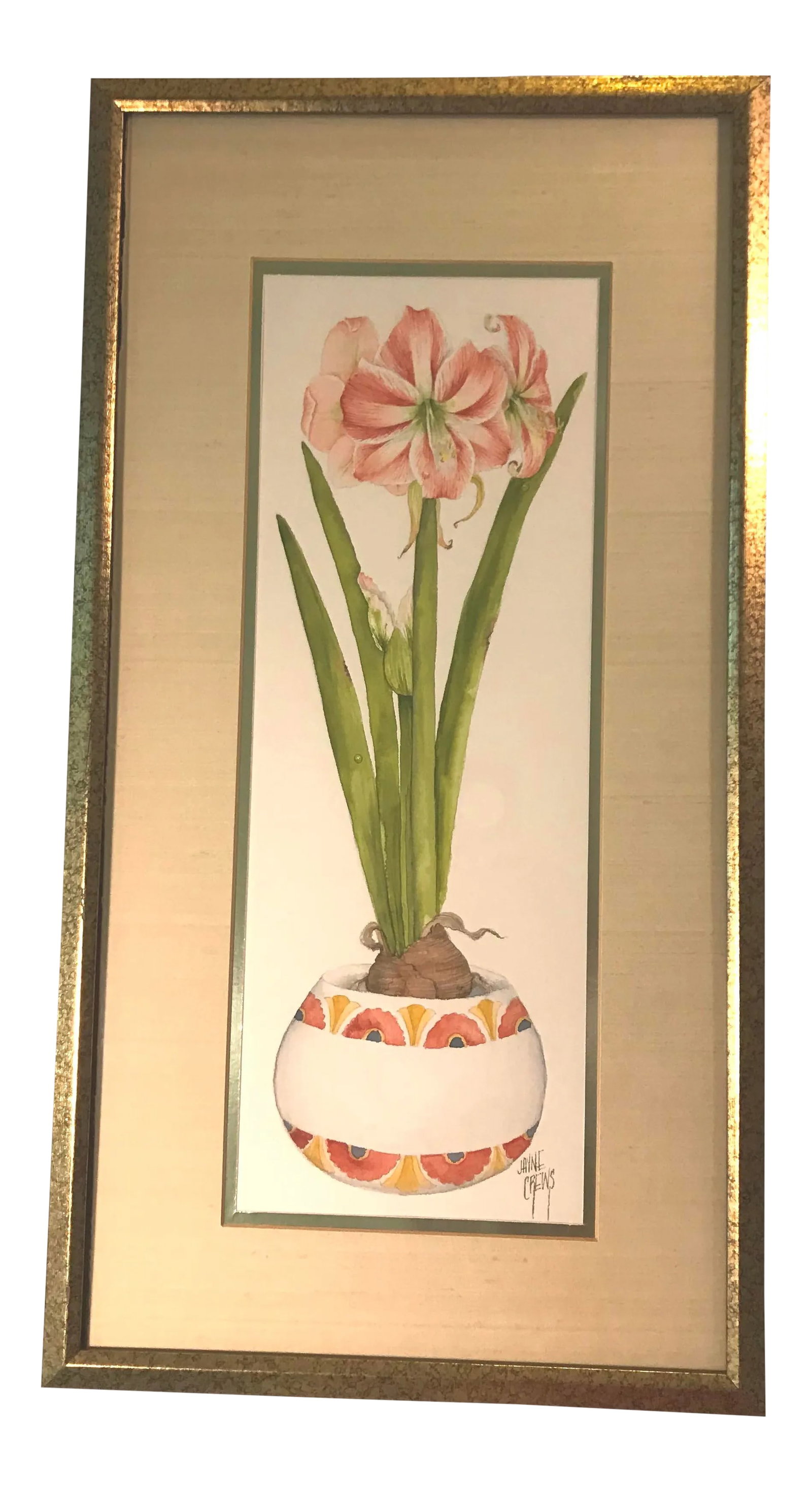 Vintage Hand Painted Watercolor by Jayne Crews: Exquisite original hand painted watercolor by Jayne Crews. Incredible detail of an Amaryllis in a pot. Double matted with the outside mat resembling raw silk. Gold gilt bamboo looking frame. History