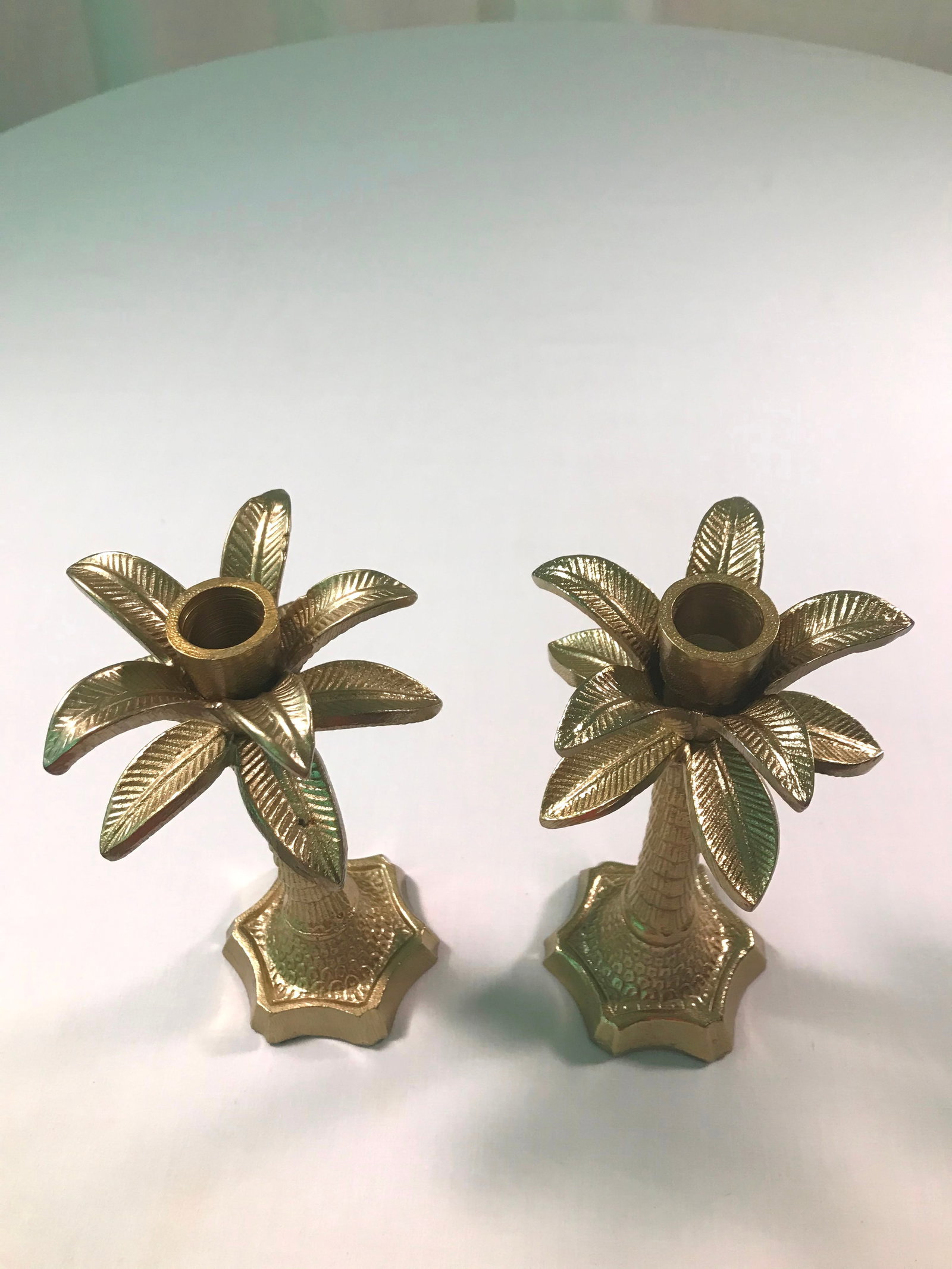 Hollywood Regency Chinoiserie Palm Brass Candlesticks - a Pair - 2