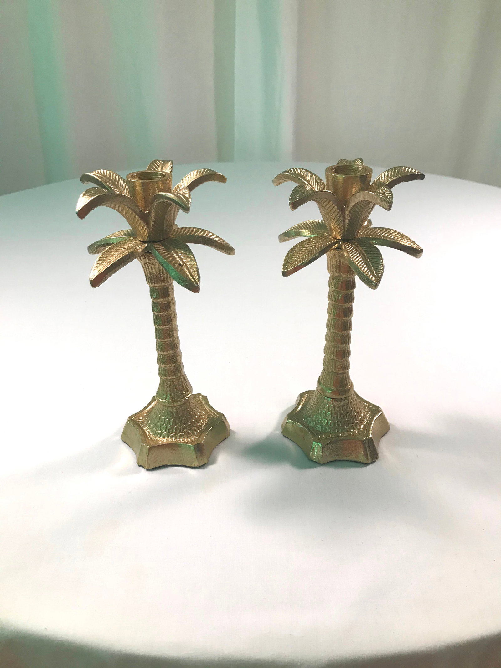 Hollywood Regency Chinoiserie Palm Brass Candlesticks - a Pair - 6