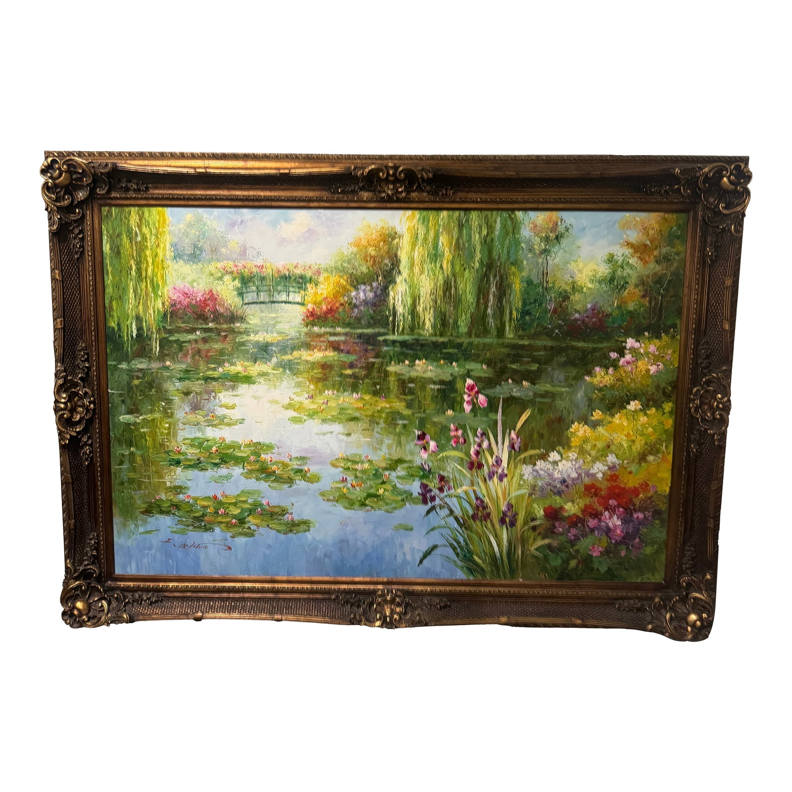 Late 20th Century Large Oil Painting on Canvas With Beautiful Ornate Frame: Large Format Scenic Painting featuring High Quality Frame with Gold Leaf Accents and Oil Paint on Canvas of Pond with Lily Pads, Irises, and Other Floral Motifs. Condition: Alterations: Original Condi
