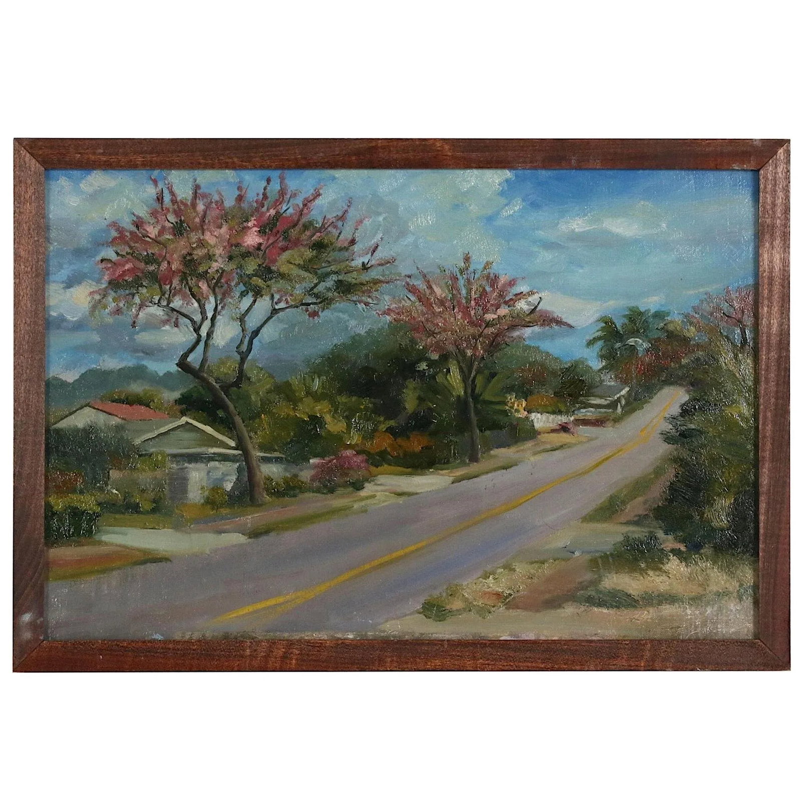 Original Oil Painting-Signed-Kaz Ooka-Hawaii Streetscape-"Street With Pink Trees" - 10