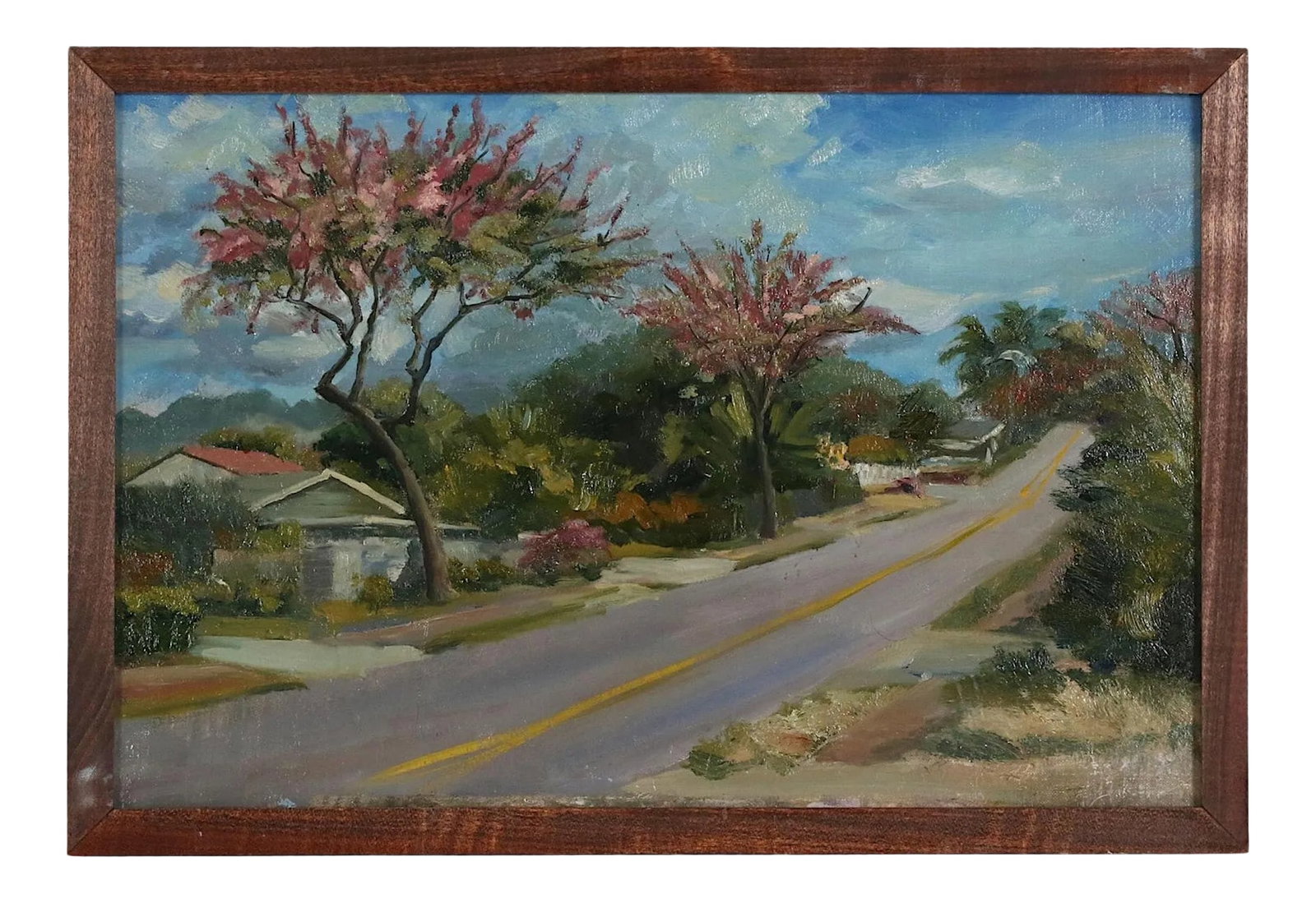 Original Oil Painting-Signed-Kaz Ooka-Hawaii Streetscape-"Street With Pink Trees": This original signed oil on board by listed American artist Kazuo "Kaz" Ooka (Japan/USA 1947- ) depicts a colorful impressionistic streetscape in beautiful Hawaii titled "Street With Pink Trees" (on