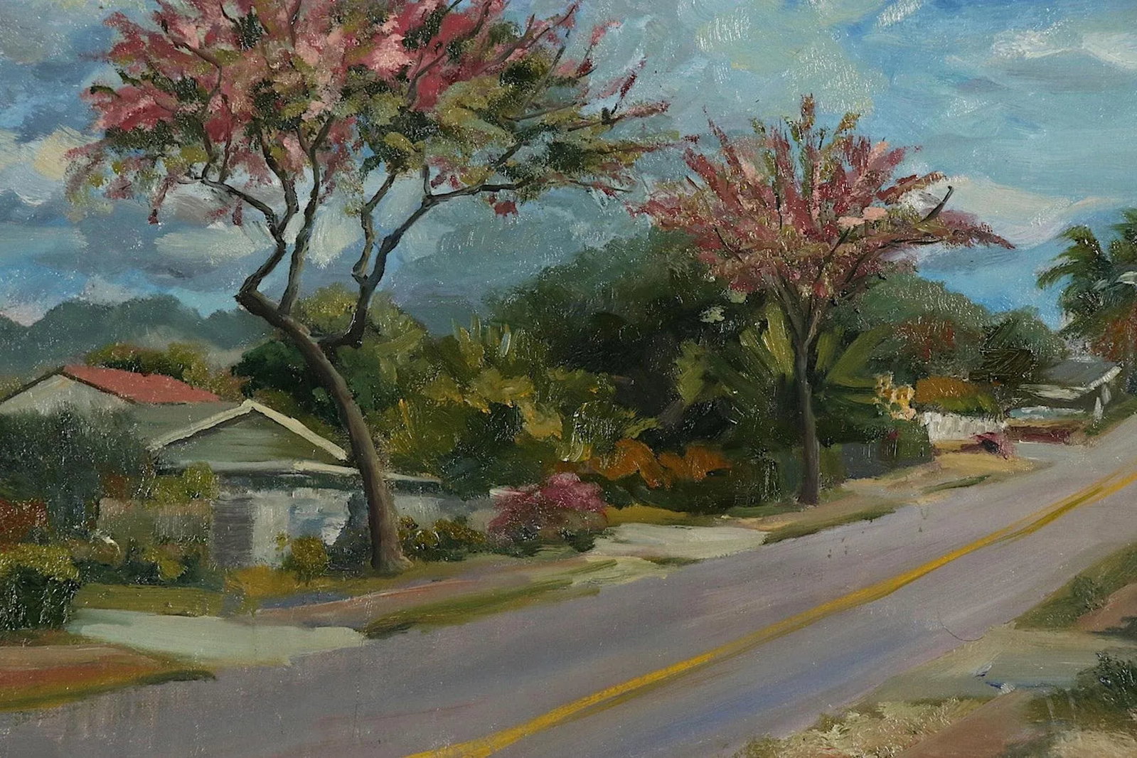 Original Oil Painting-Signed-Kaz Ooka-Hawaii Streetscape-"Street With Pink Trees" - 2